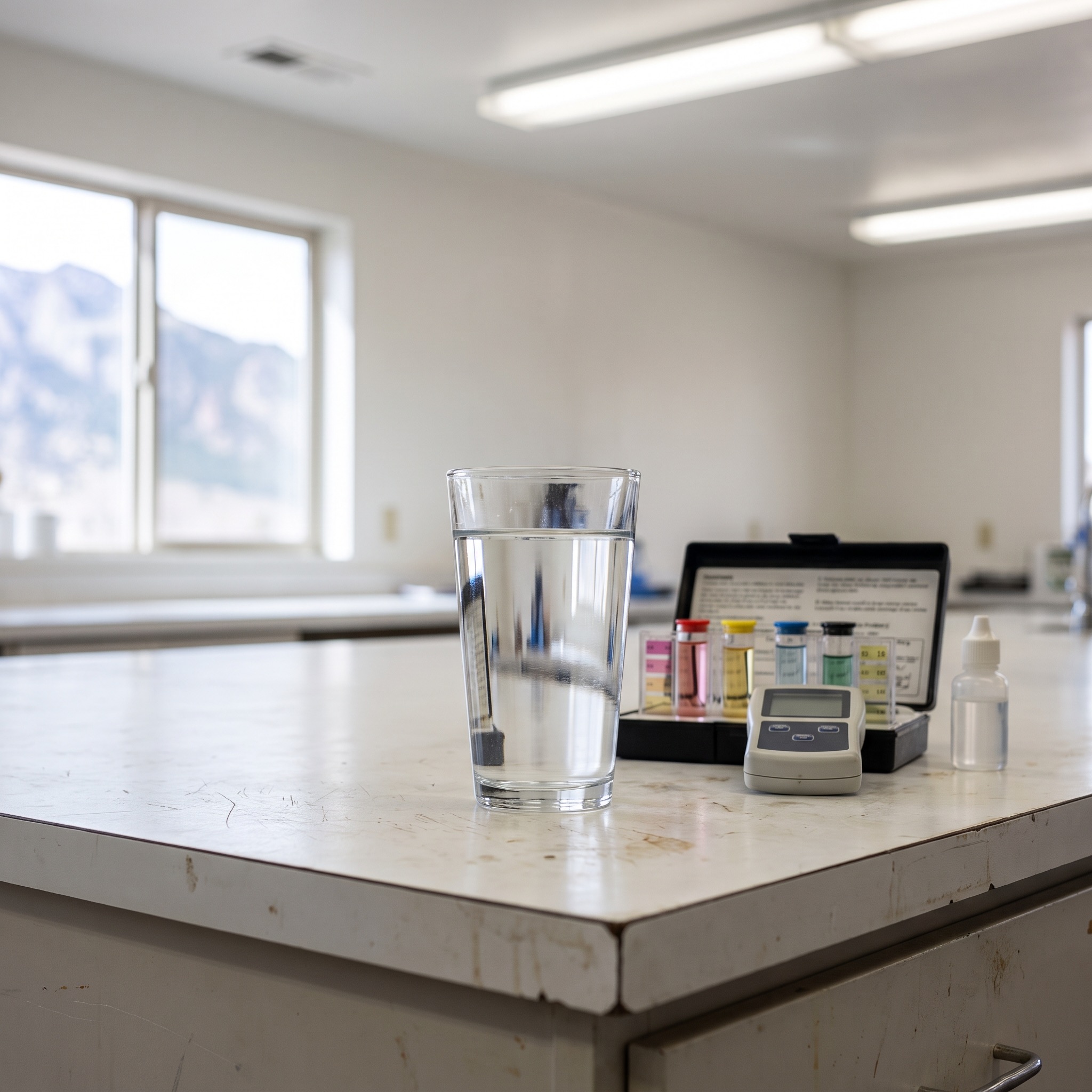 Water quality analysis setup with a clear glass of water and testing equipment