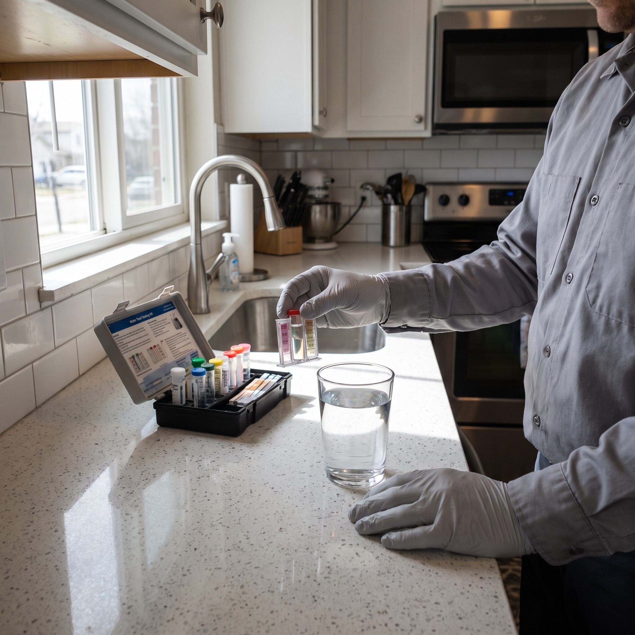 Water treatment specialist testing water quality at a kitchen tap
