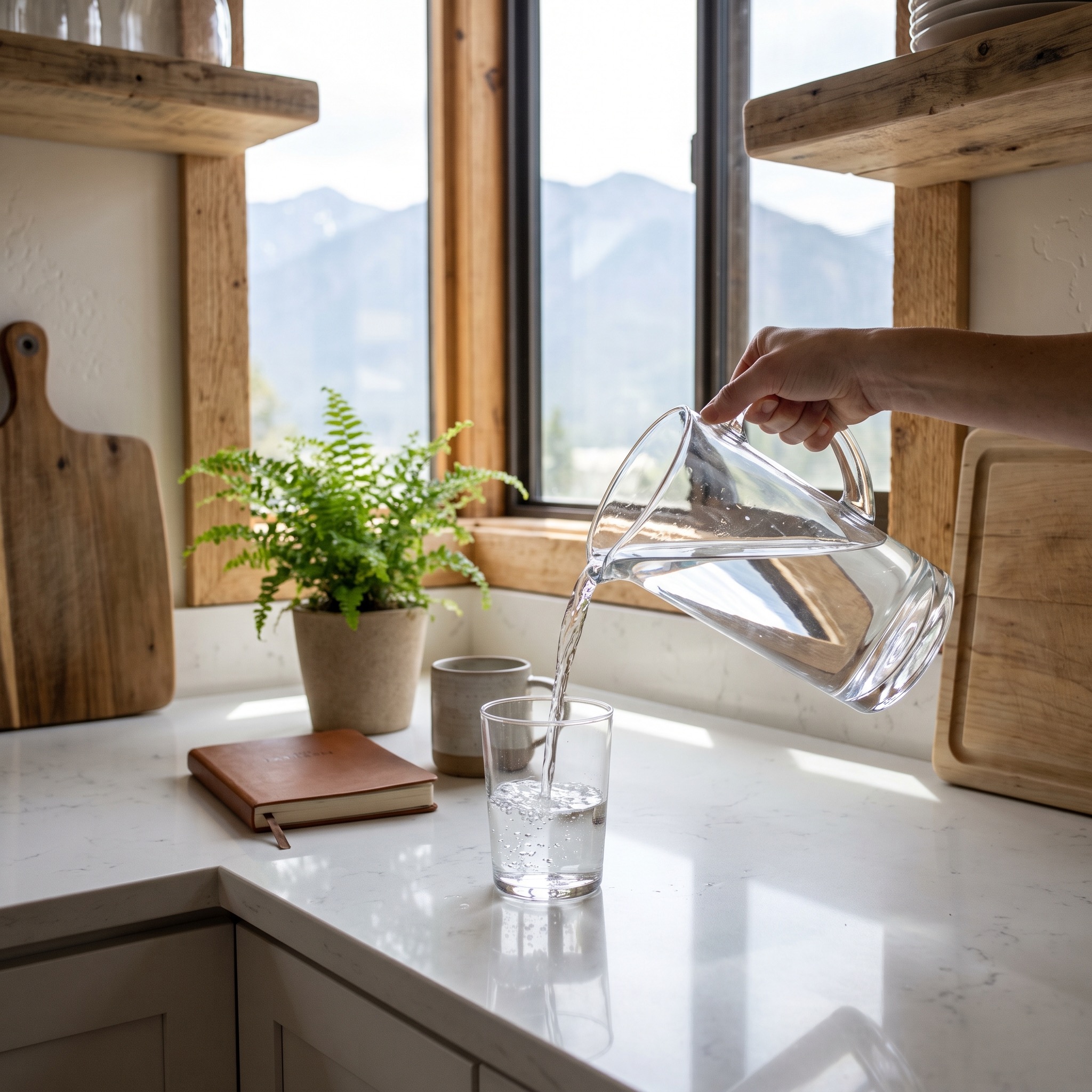 Clear water being poured into a glass in a bright Colorado kitchen