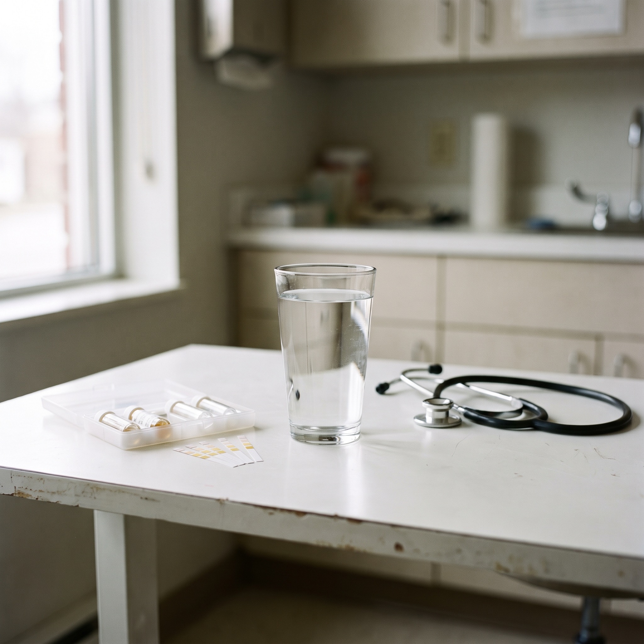 Water quality test kit and a clear glass of water in a wellness setting