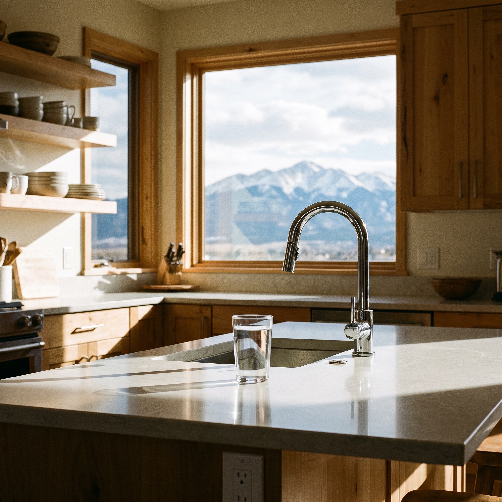 Bright Colorado kitchen with clear water on the counter and Rocky Mountains through the window