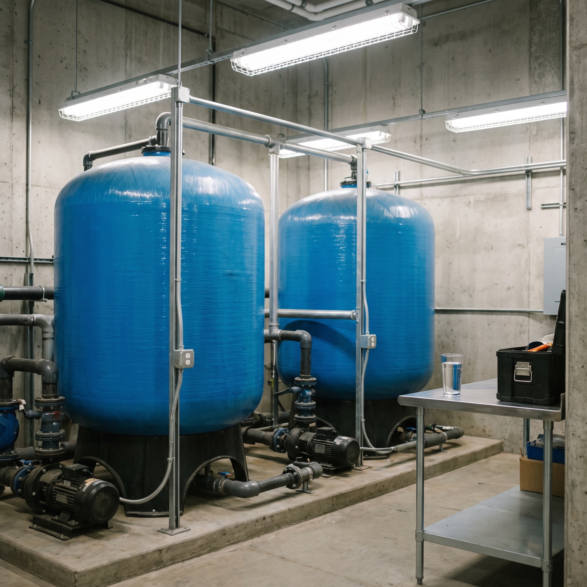 Commercial activated carbon filtration system with large blue filter tanks in a Colorado business