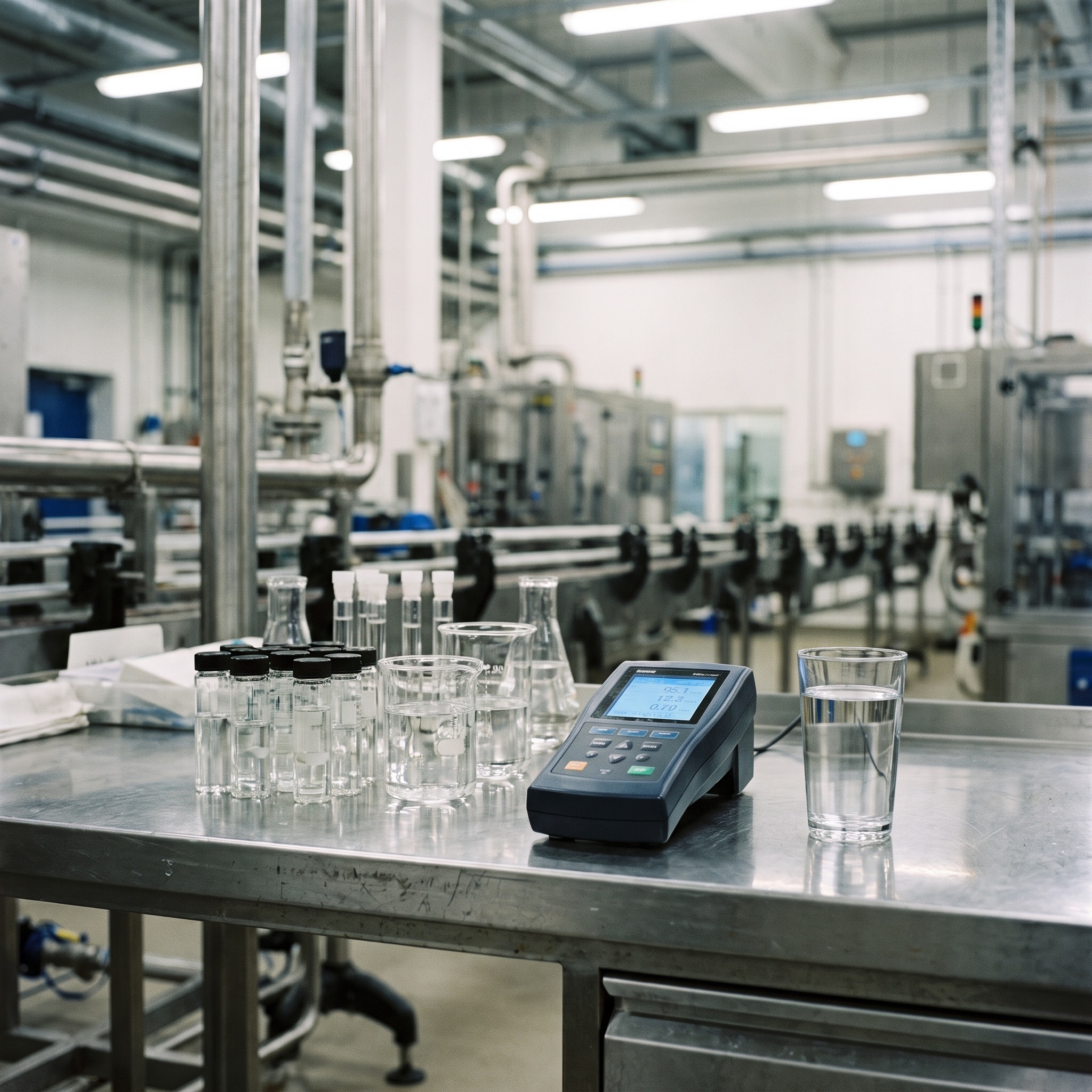 Water quality testing station with test vials and a digital meter in a Colorado manufacturing facility