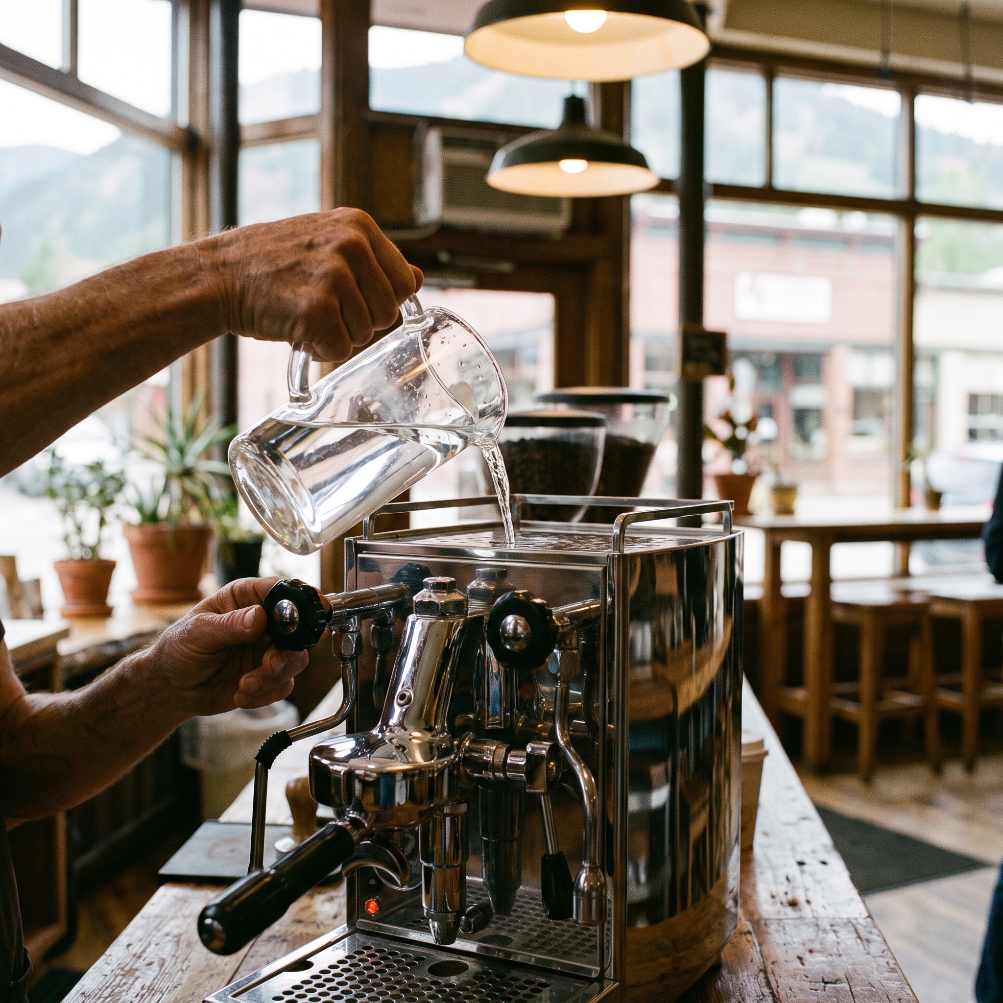 Barista pouring clear water into an espresso machine at a Colorado coffee shop
