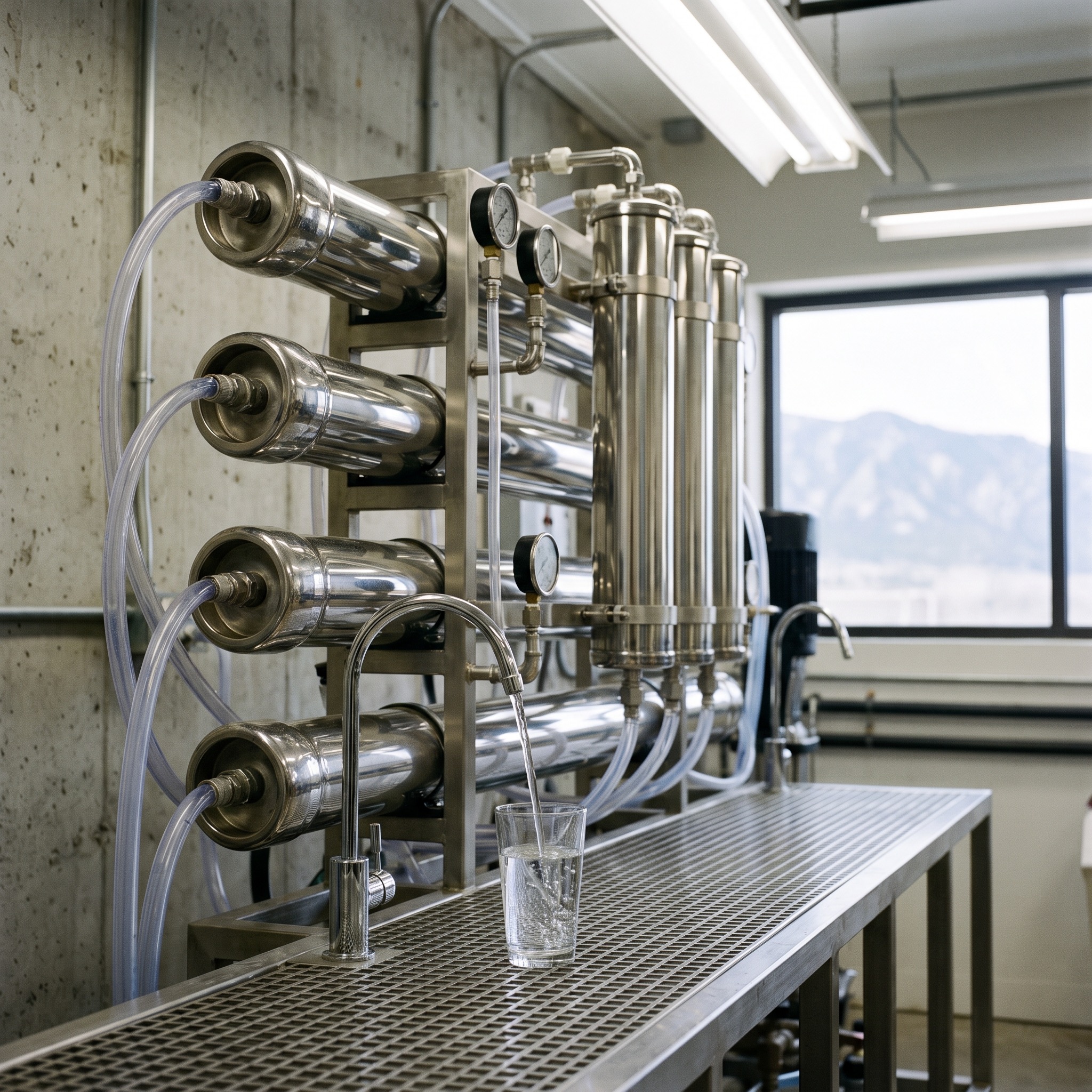 Commercial reverse osmosis system with stainless steel membrane housings and pressure gauges in a Colorado business