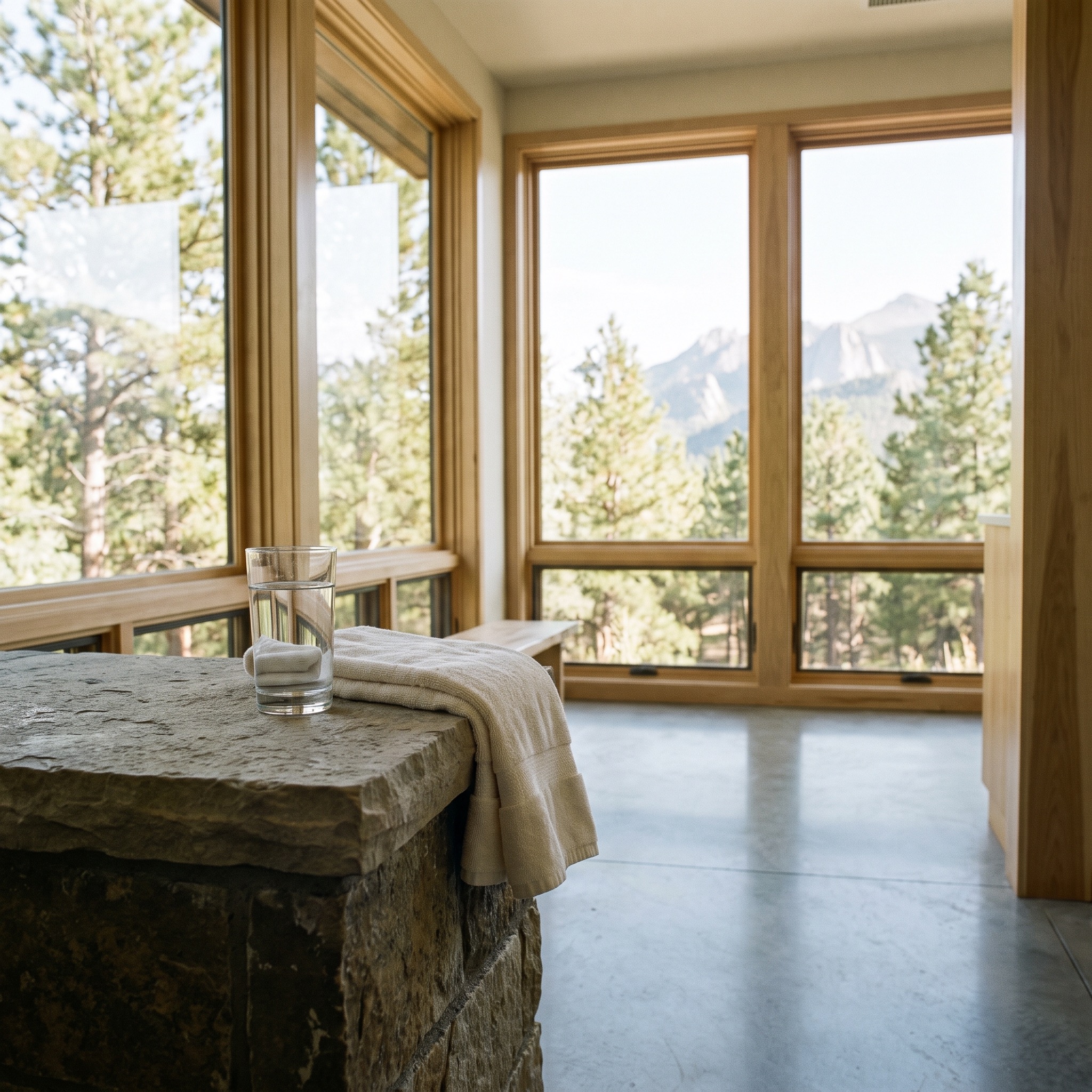 Glass of crystal clear water on a stone counter in a modern spa wellness center