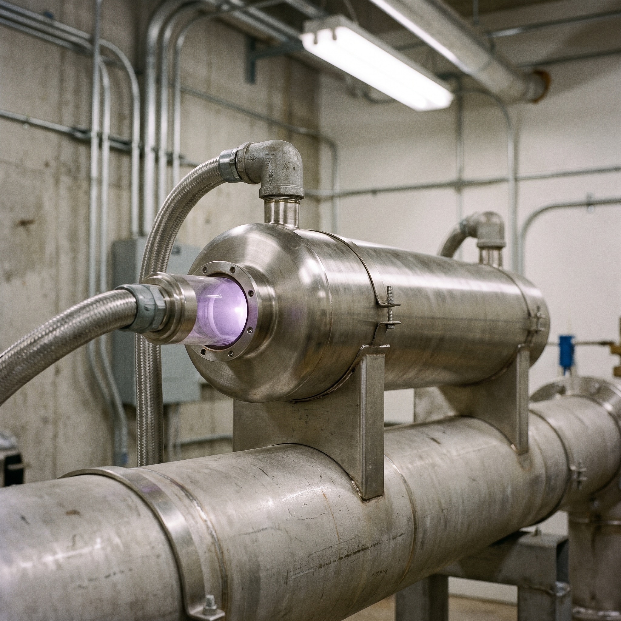 Commercial UV water disinfection system with stainless steel chamber installed in a Colorado facility