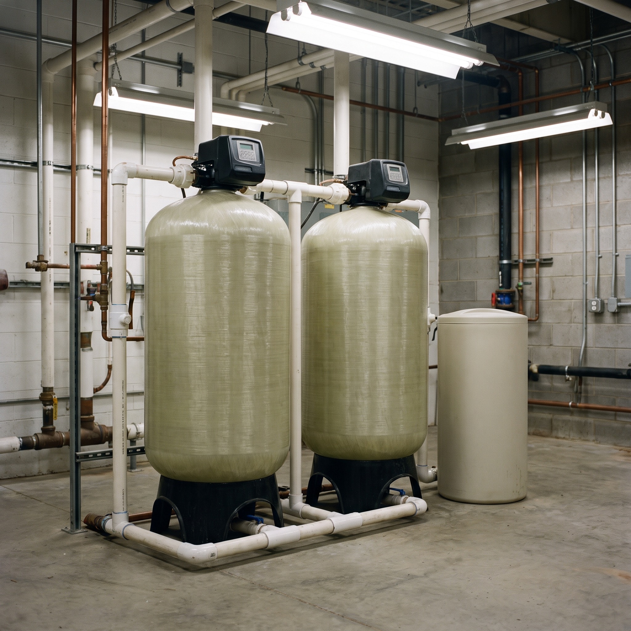 Dual-tank commercial water softener with two resin tanks side by side in a Colorado business