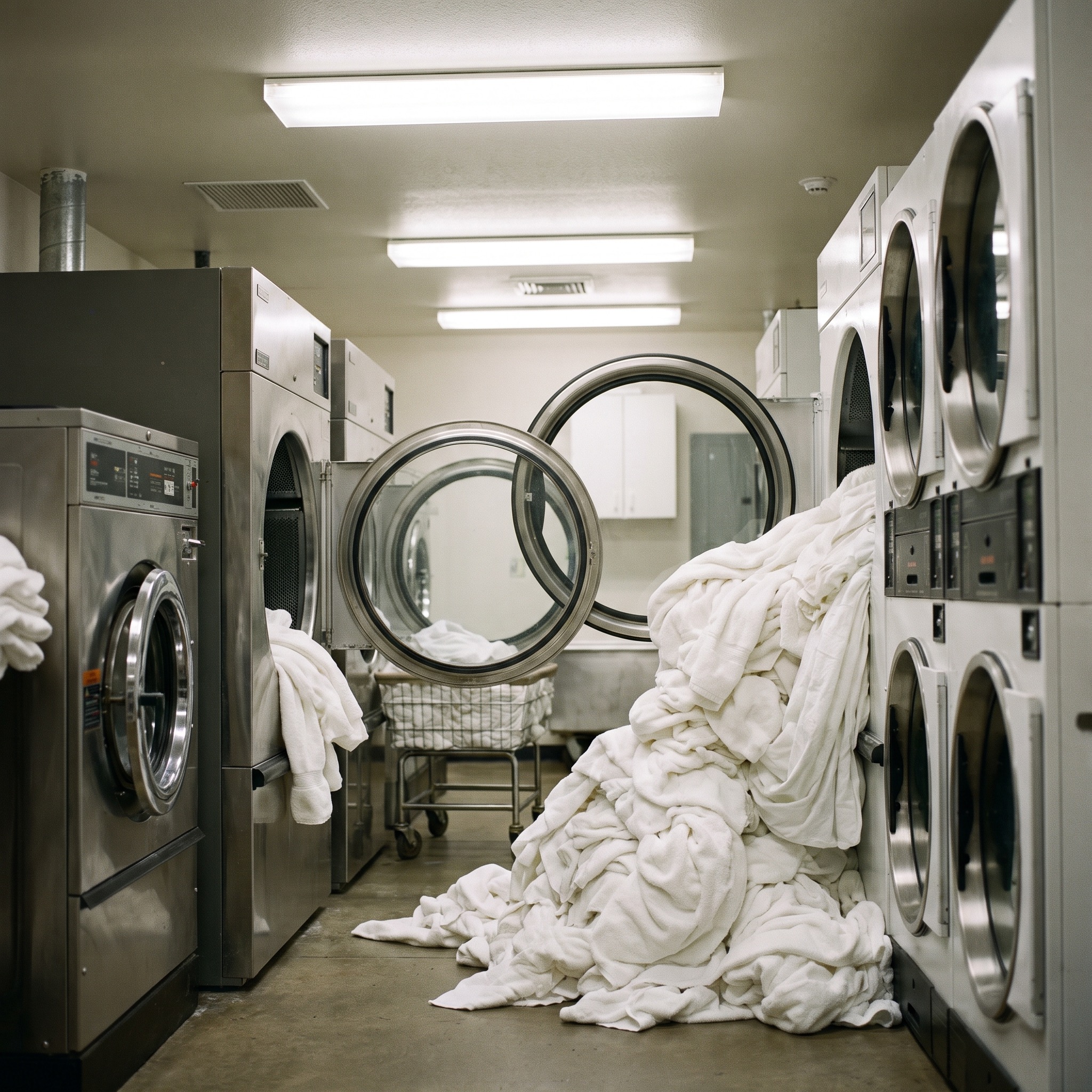 Commercial hotel laundry room with large washing machines and bright clean linens