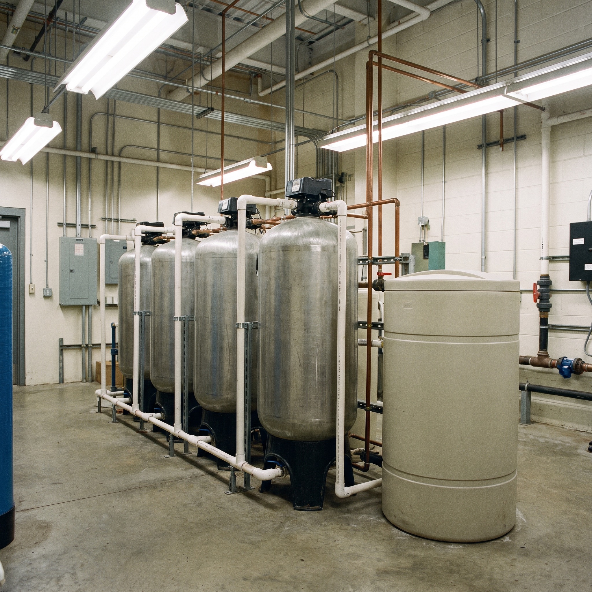 Multi-tank commercial water softener system with multiple resin tanks in a large Colorado facility