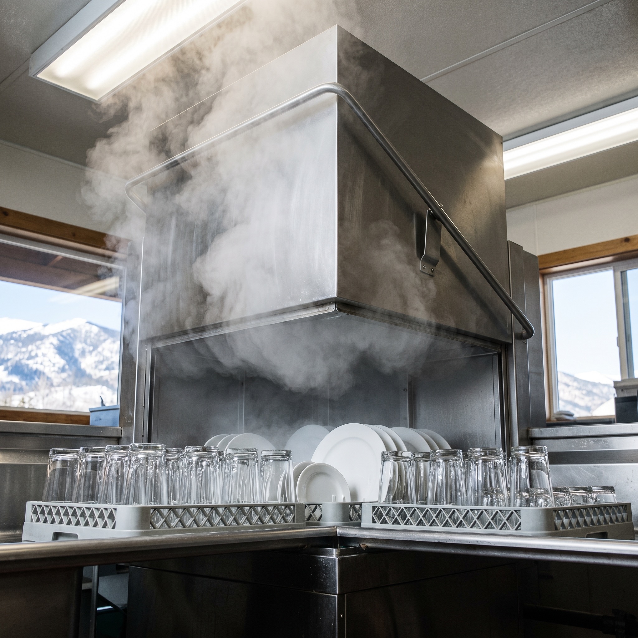 Commercial dishwasher open with racks of spotless clear water glasses — no water spots or film