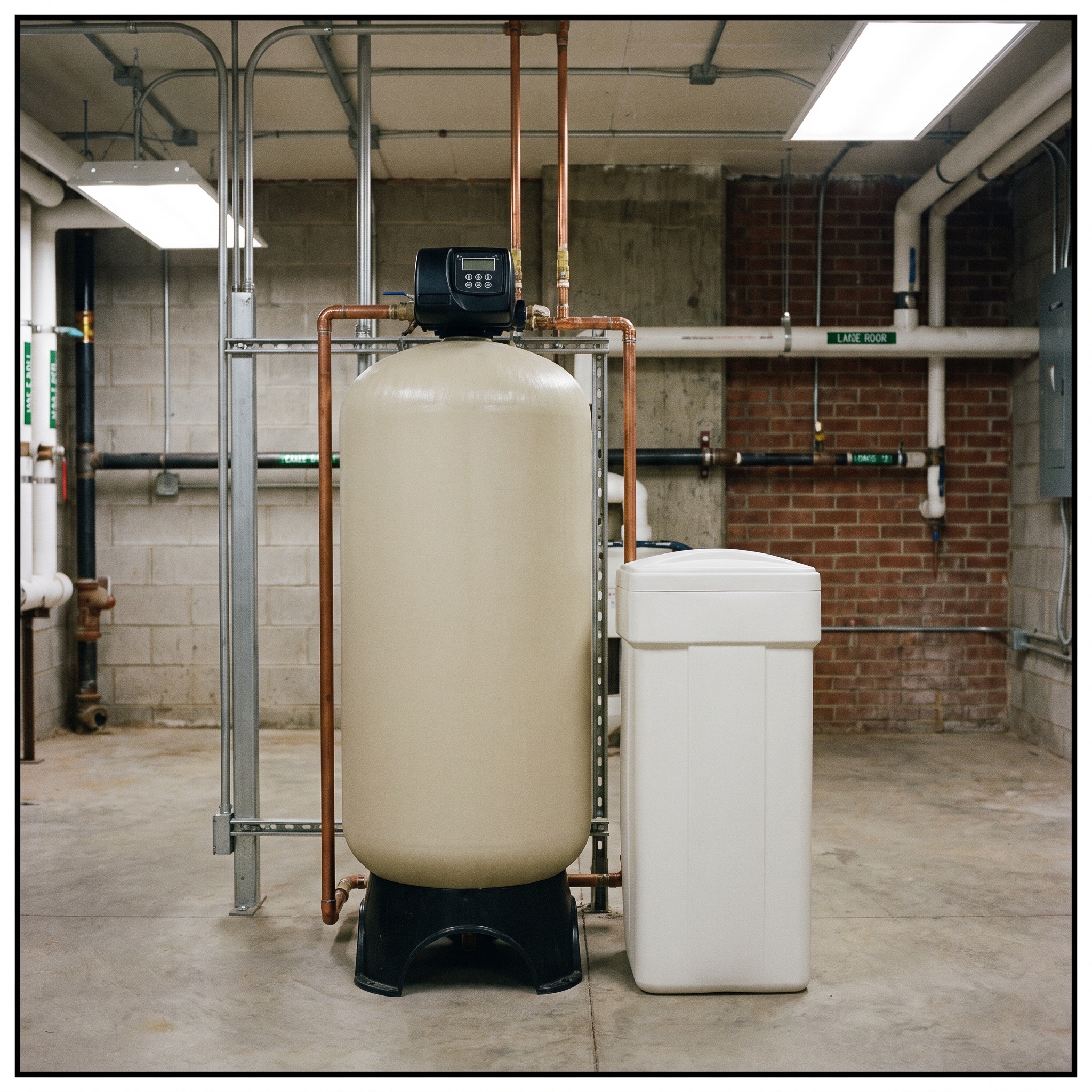 Single commercial water softener resin tank with brine tank in a Colorado mechanical room