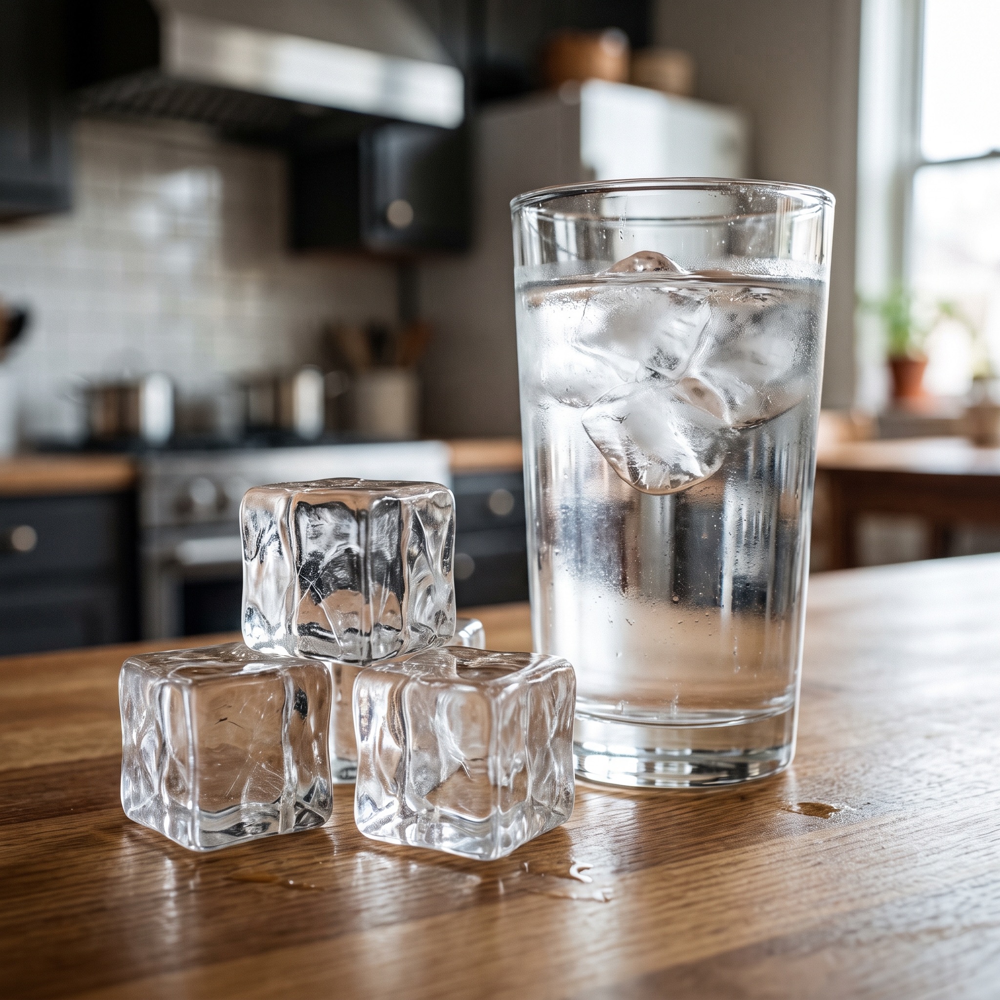 Crystal clear ice cubes and a glass of clear water on a restaurant counter