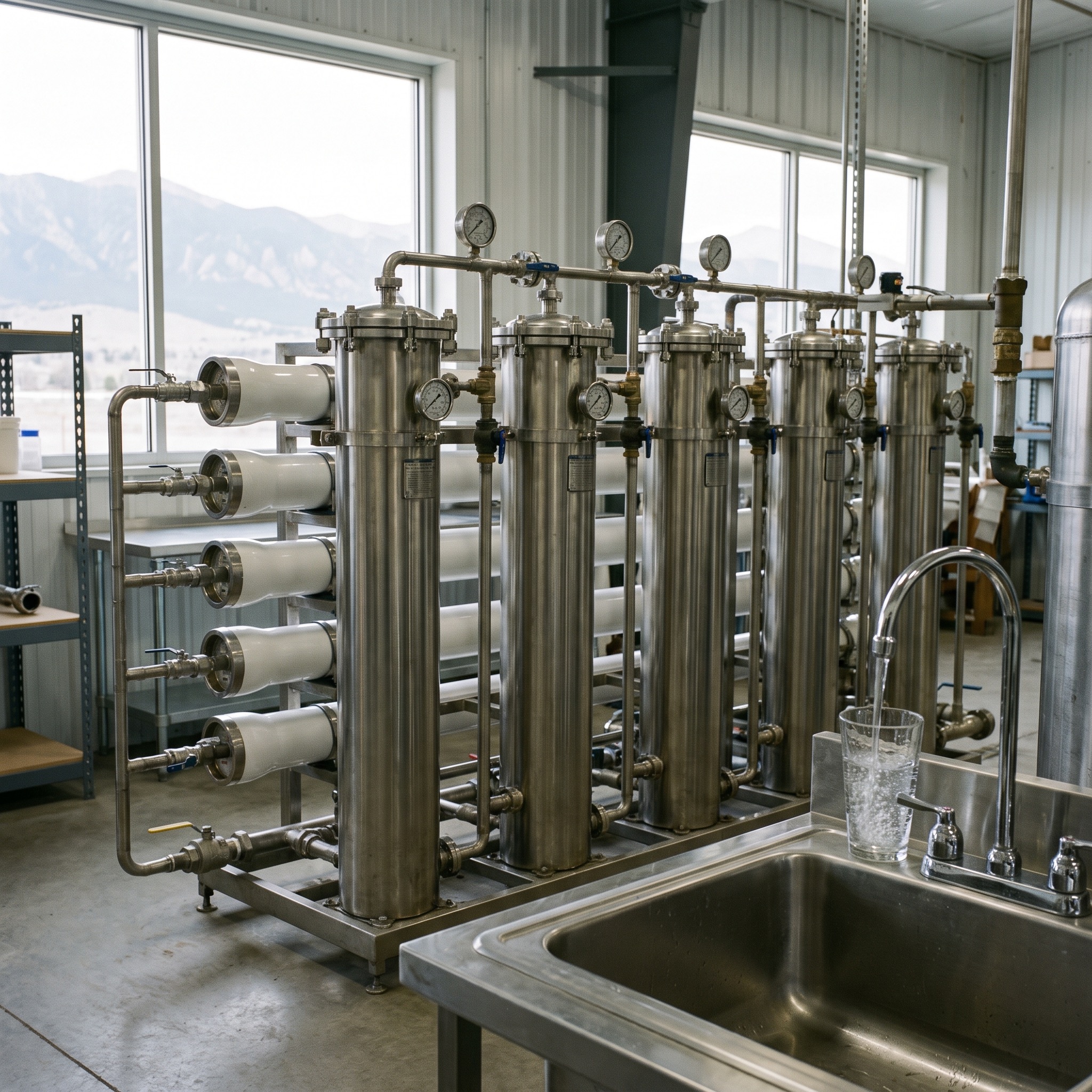 Commercial reverse osmosis system with pressure gauges in a Colorado business