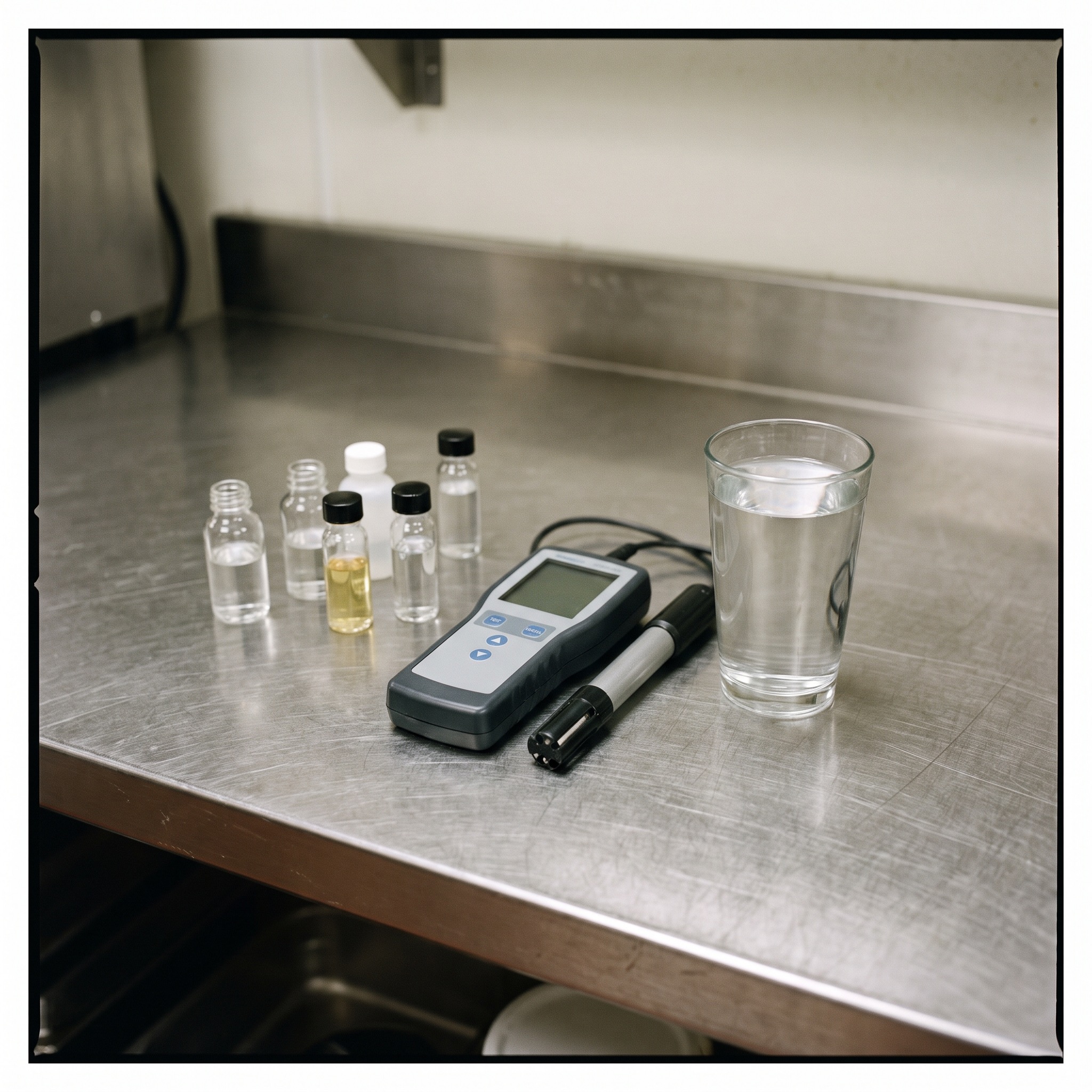 Water quality test kit with vials and a digital meter on a commercial kitchen counter