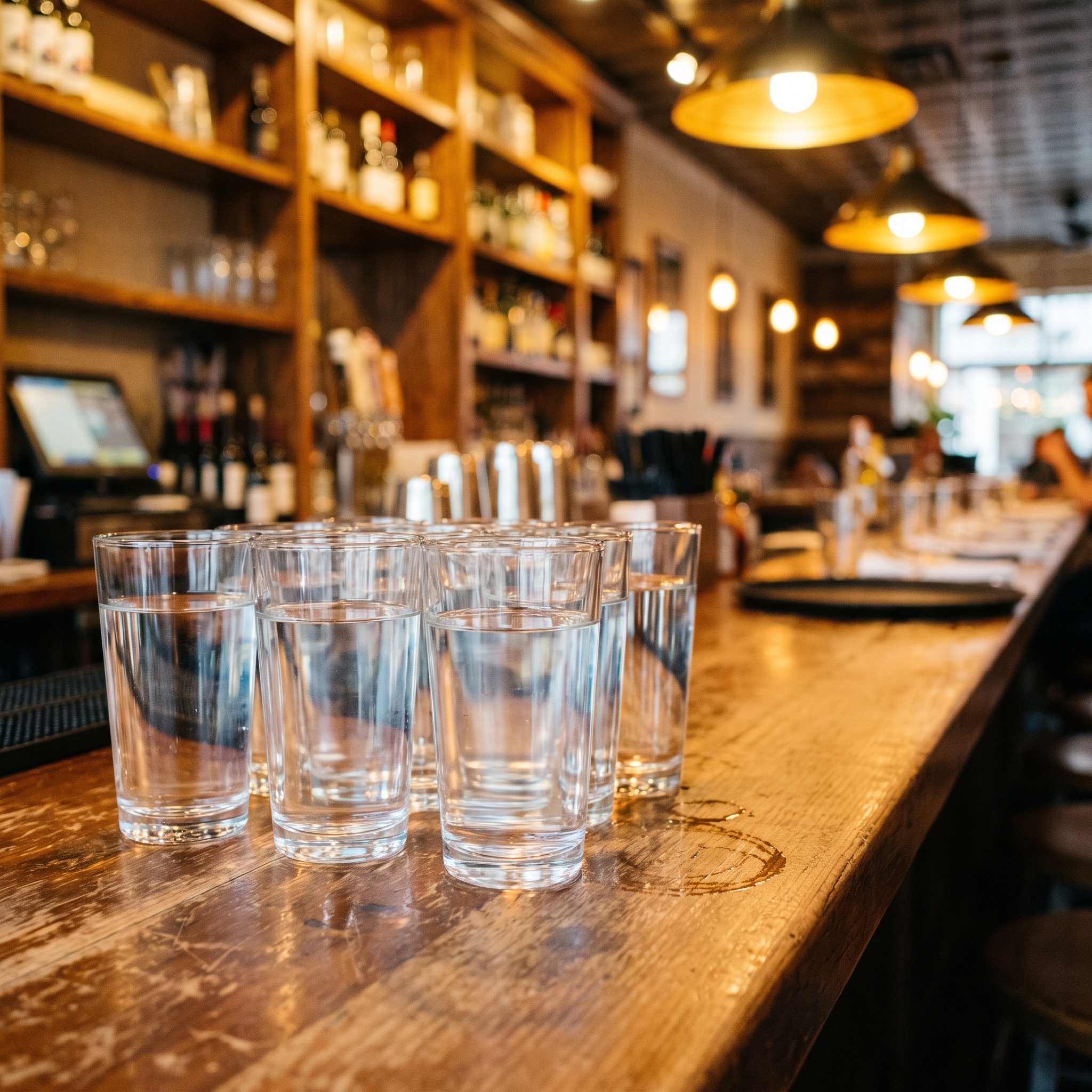 Spotless clear water glasses on a restaurant bar counter — no water spots