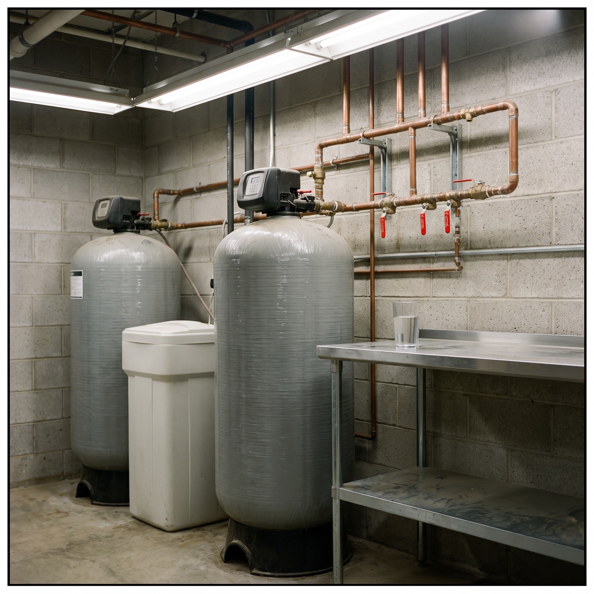 Commercial Water Softeners in Colorado Commercial water softener tanks installed in a Colorado business mechanical room