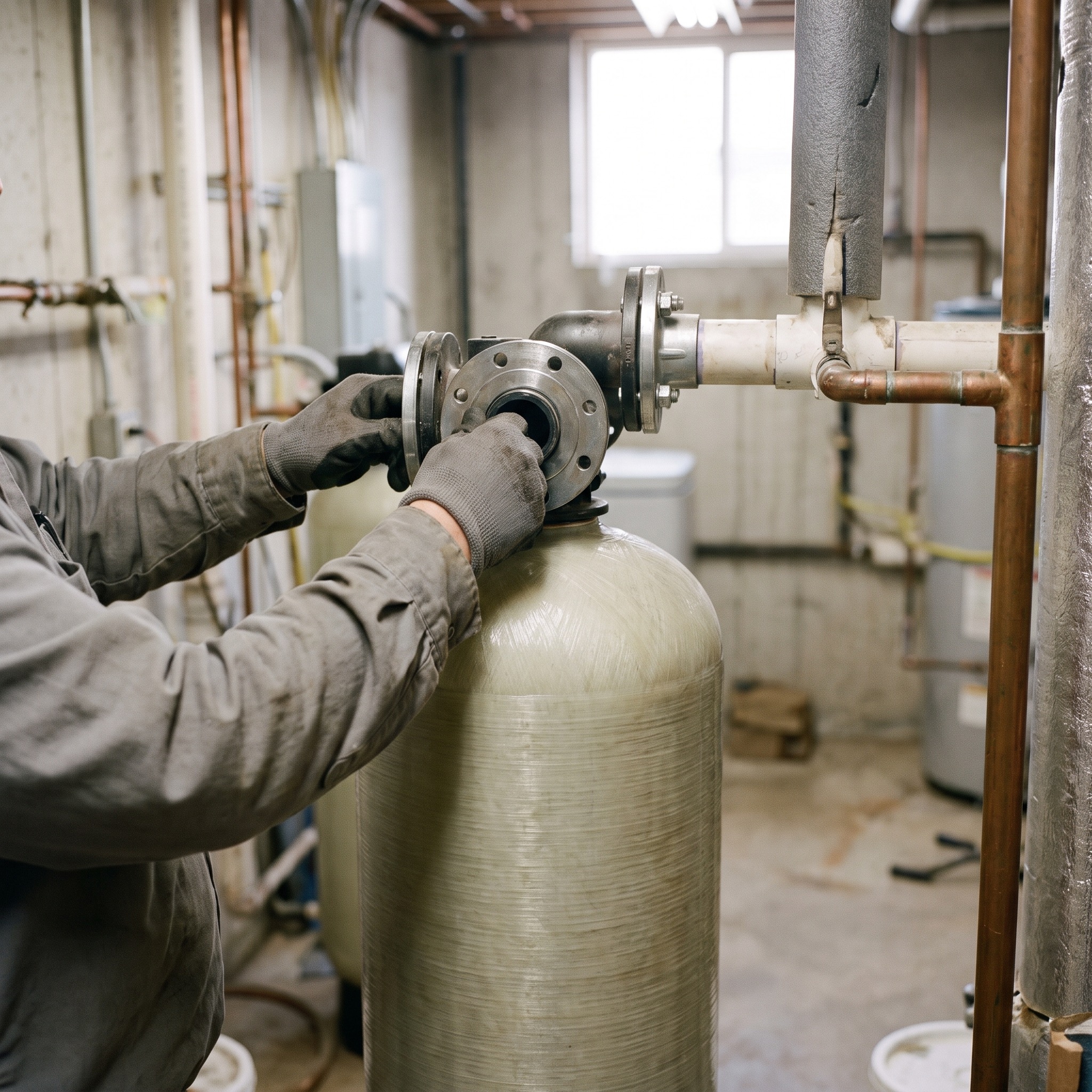 Technician connecting commercial piping to a water softener tank in a Colorado mechanical room
