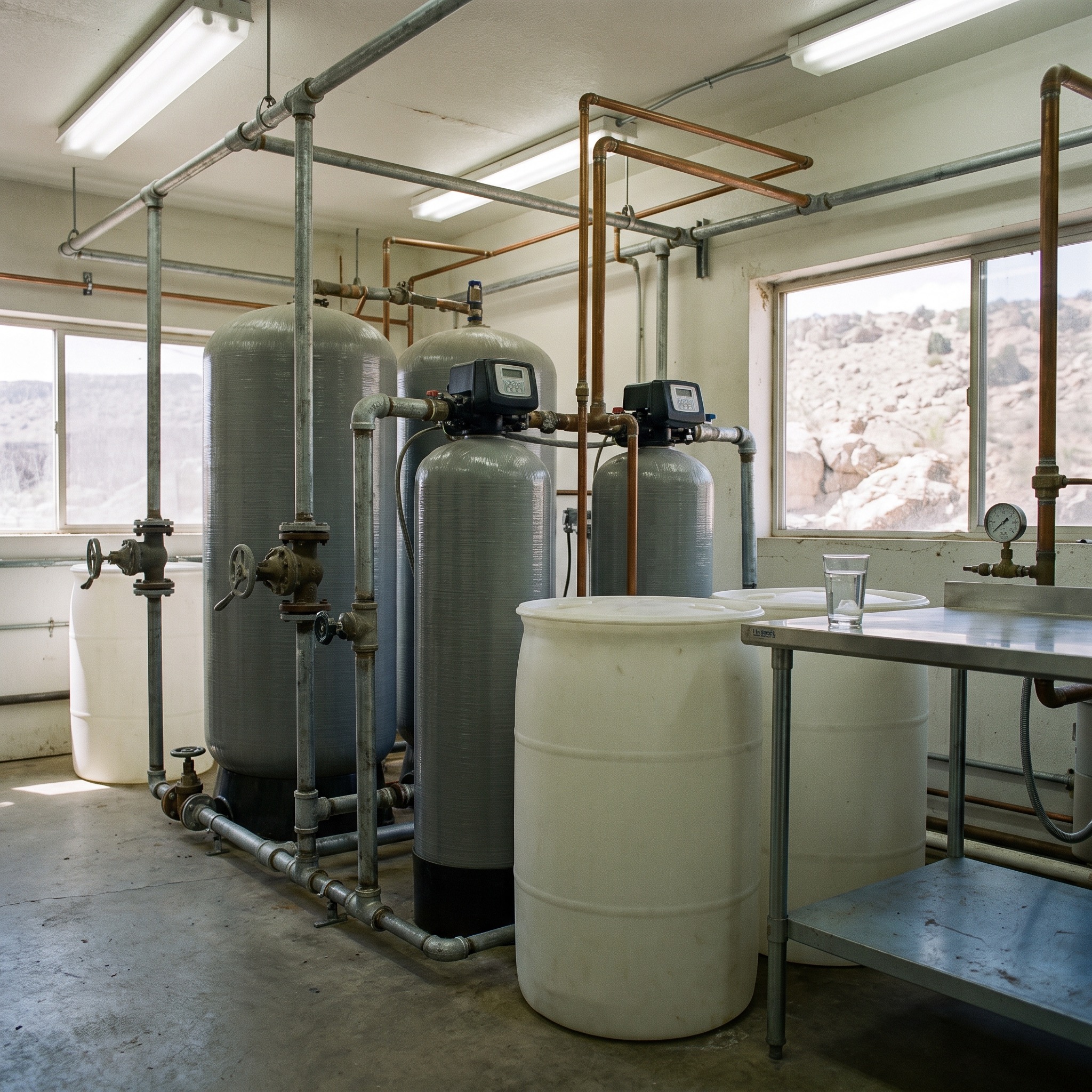 Commercial water softener system installed in a Colorado business mechanical room