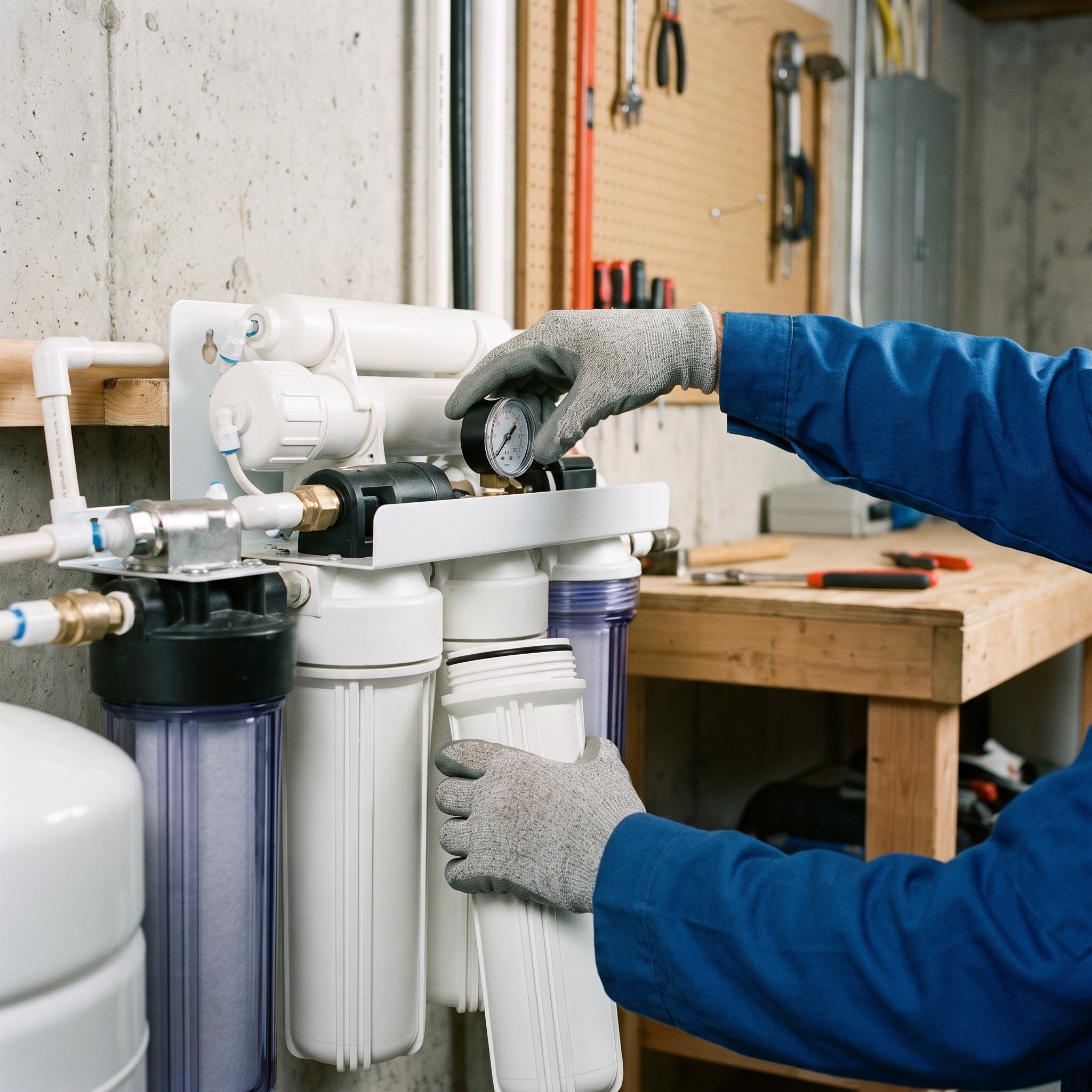 Water Filtration Maintenance and Repair in Colorado Water treatment technician inspecting a residential water filtration system in a Colorado home basement