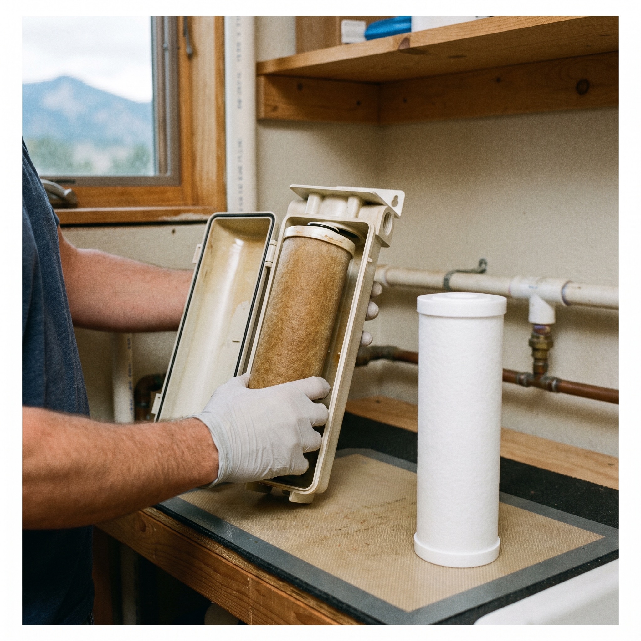 Water System Service in Colorado Water treatment technician replacing a water filter cartridge in a Colorado home