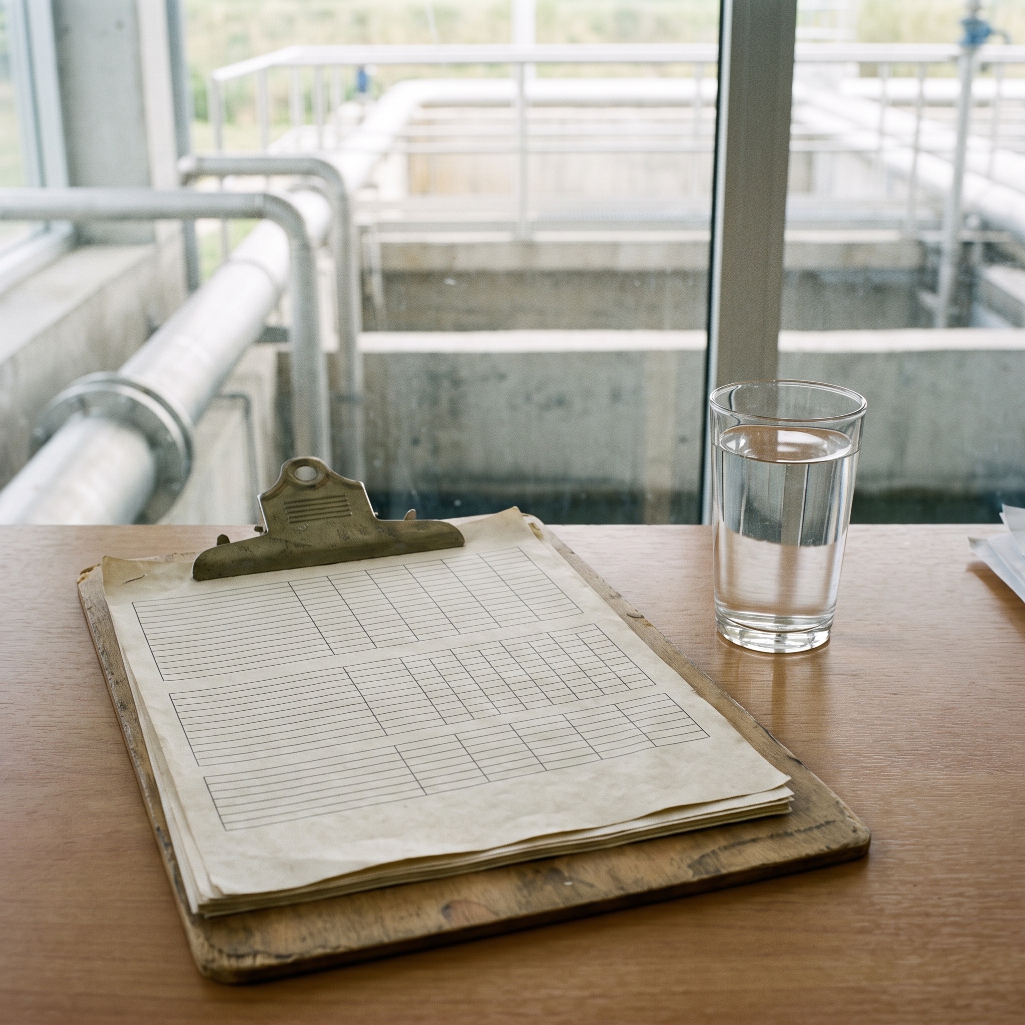 Compliance monitoring clipboard with water quality sampling forms at a Colorado water treatment facility