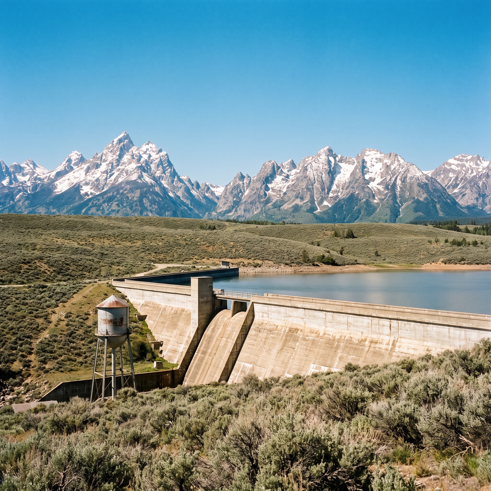 Colorado water tower or reservoir with the Rocky Mountains behind it