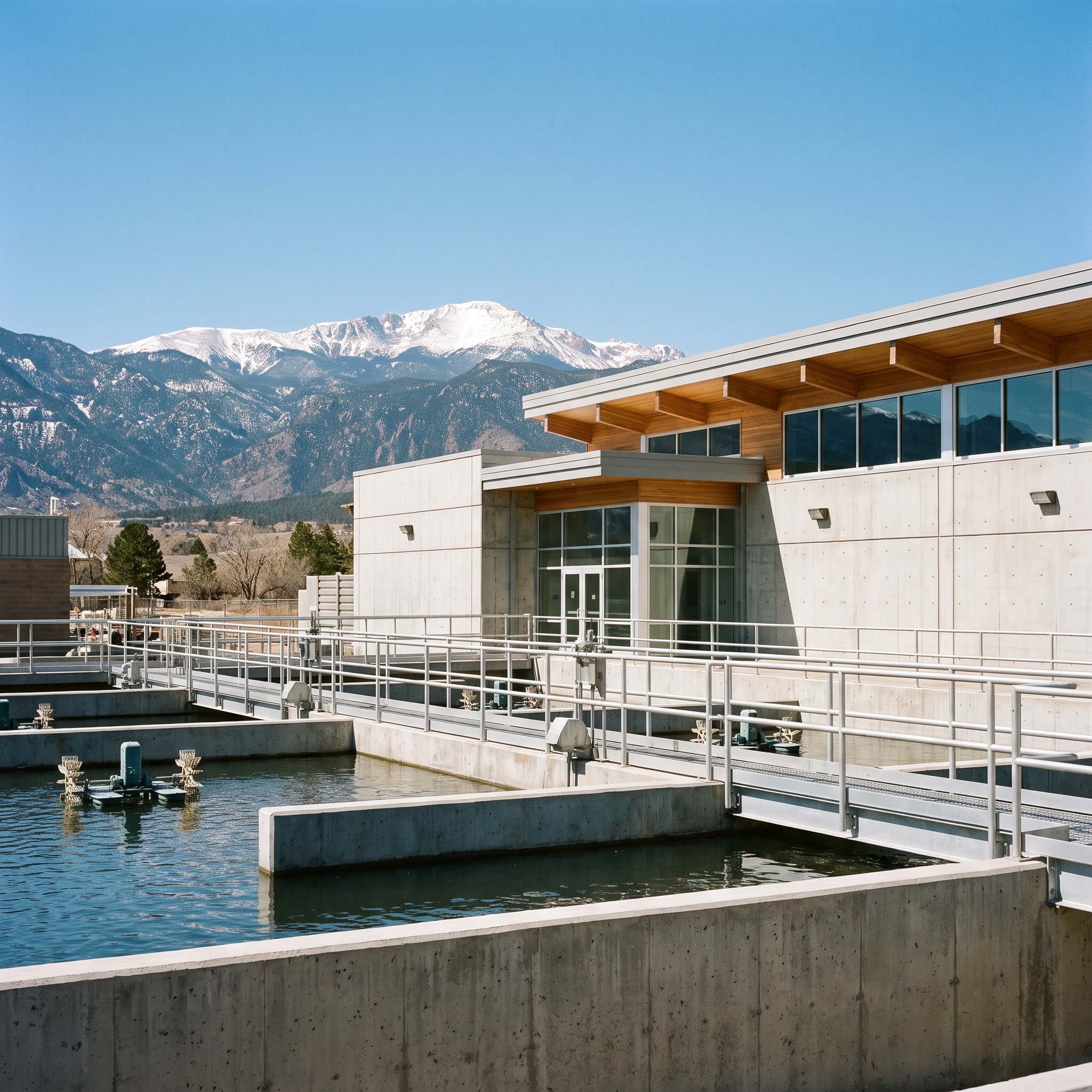Municipal water treatment facility in Colorado with the Rocky Mountains in the background