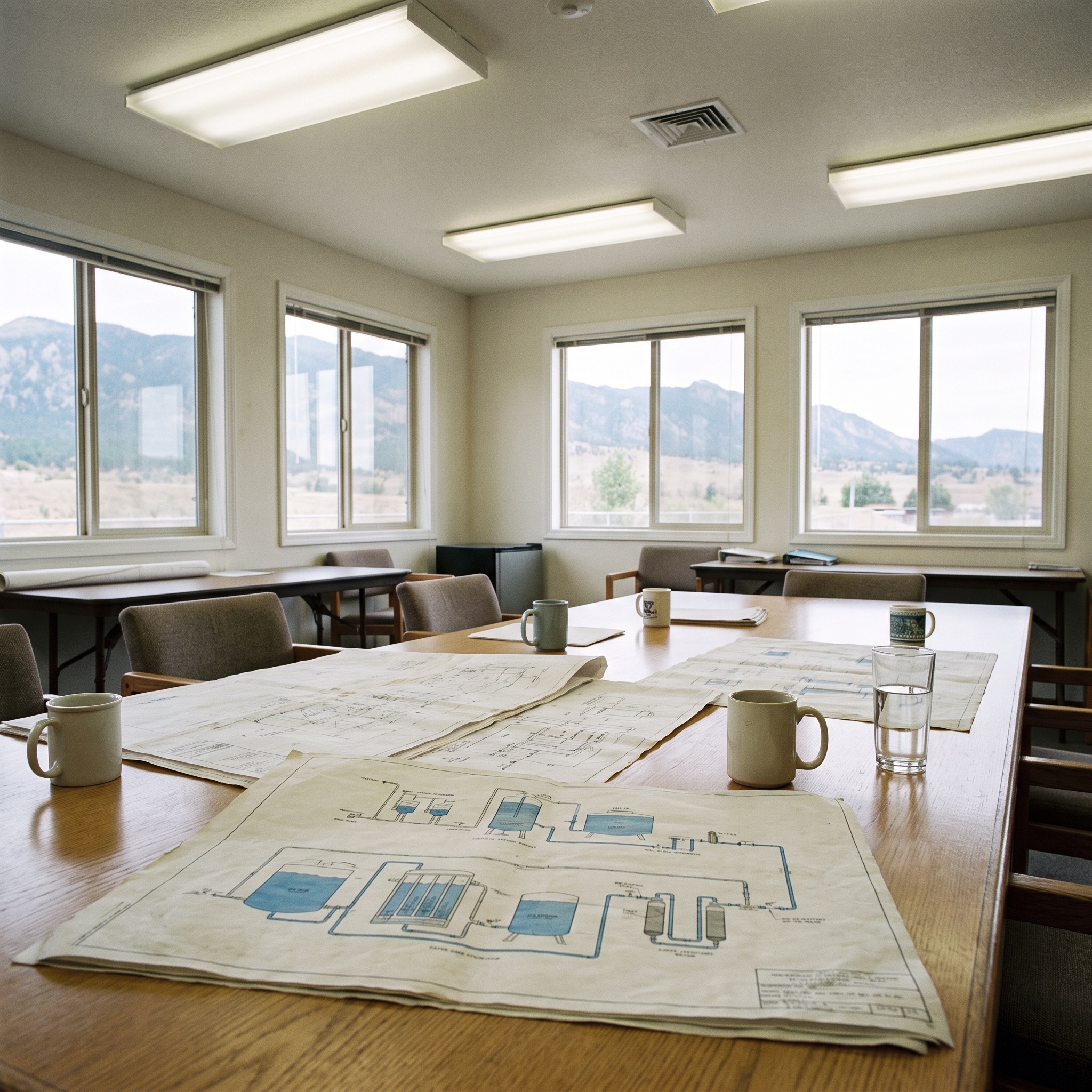 Colorado water treatment facility meeting room with blueprints and water system maps