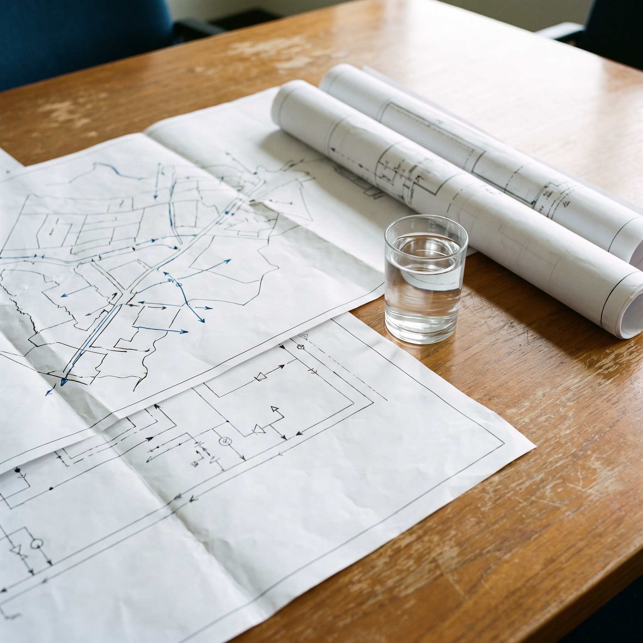 Colorado water system master plan with maps and blueprints spread on a conference table