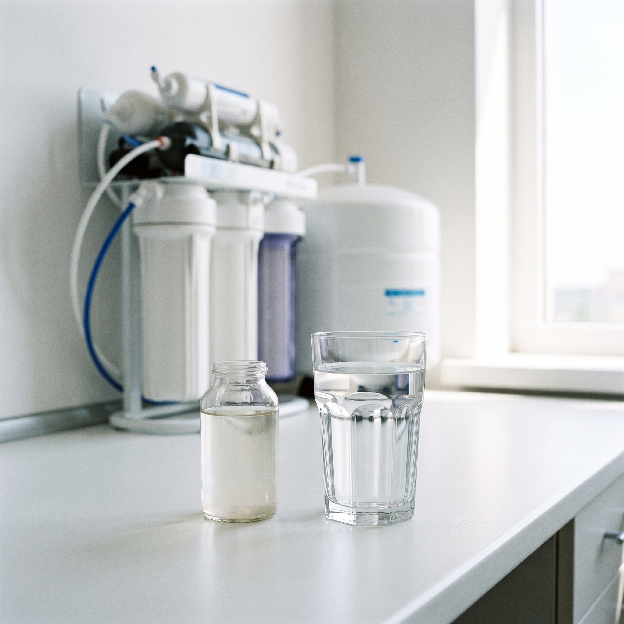 PFAS Removal in Colorado PFAS removal water testing with a sample vial and a glass of crystal clear water
