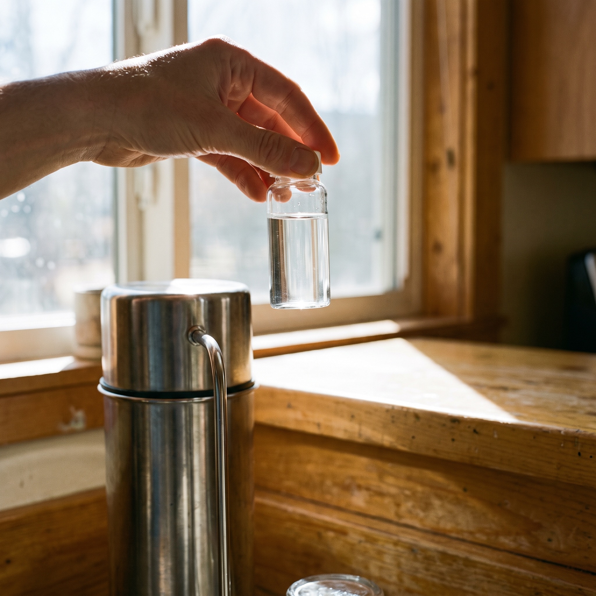 PFAS Removal in Colorado Water test vial held up to light in a bright Colorado kitchen, representing PFAS testing