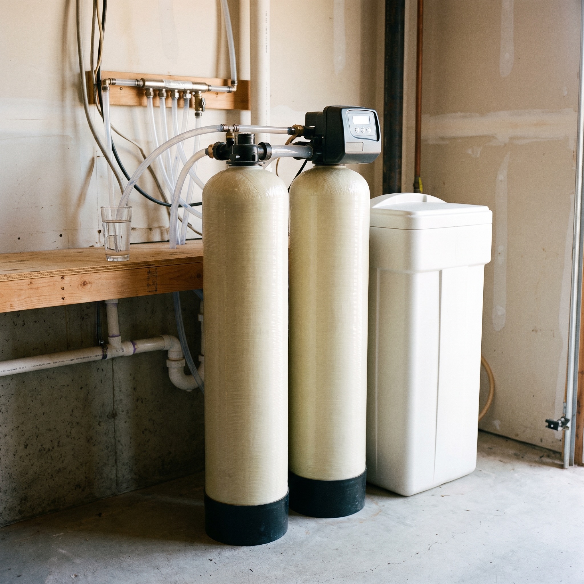 Dual-tank residential water softener with two resin tanks sharing a brine tank in a Colorado home