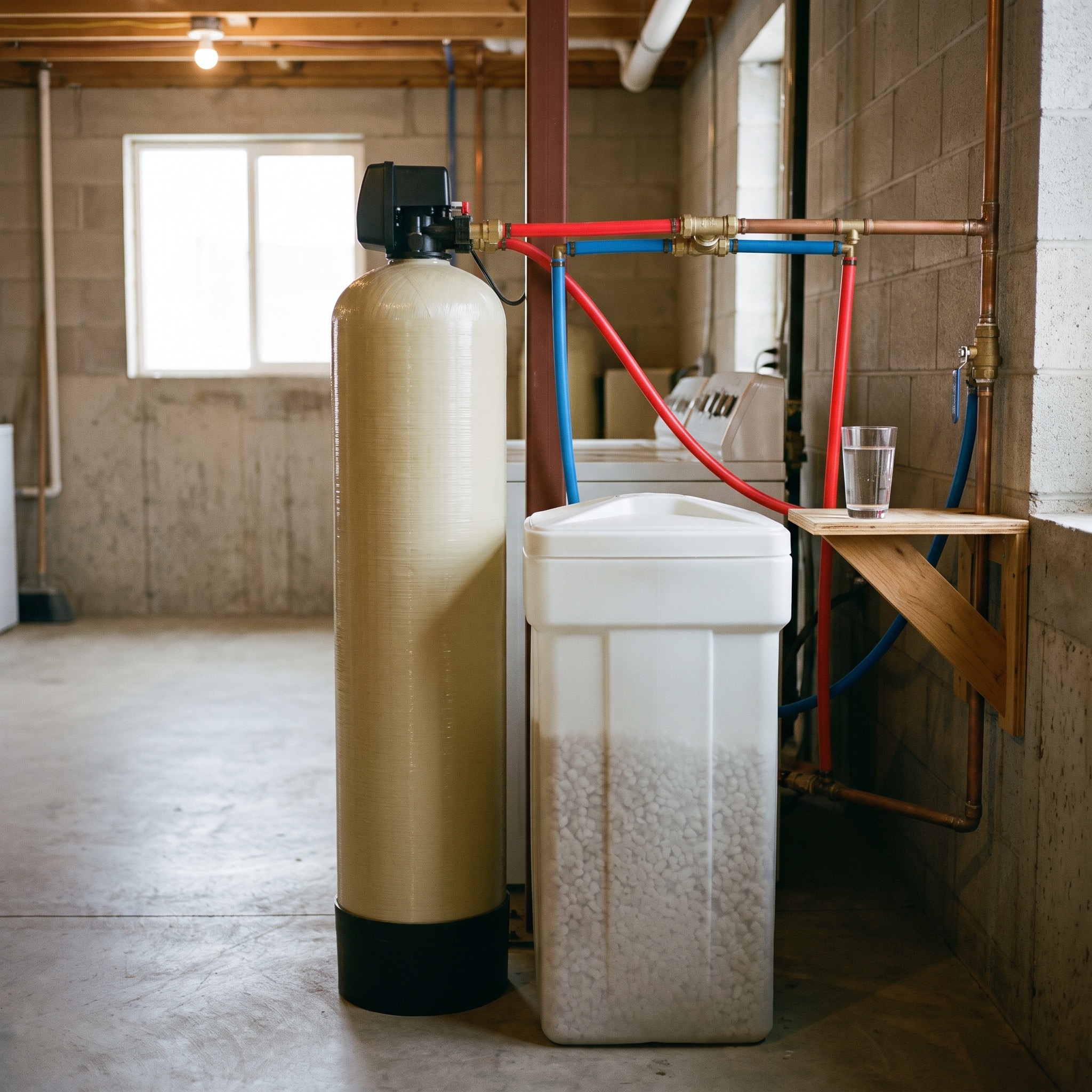 Residential salt-based water softener with resin tank and brine tank in a Colorado home basement