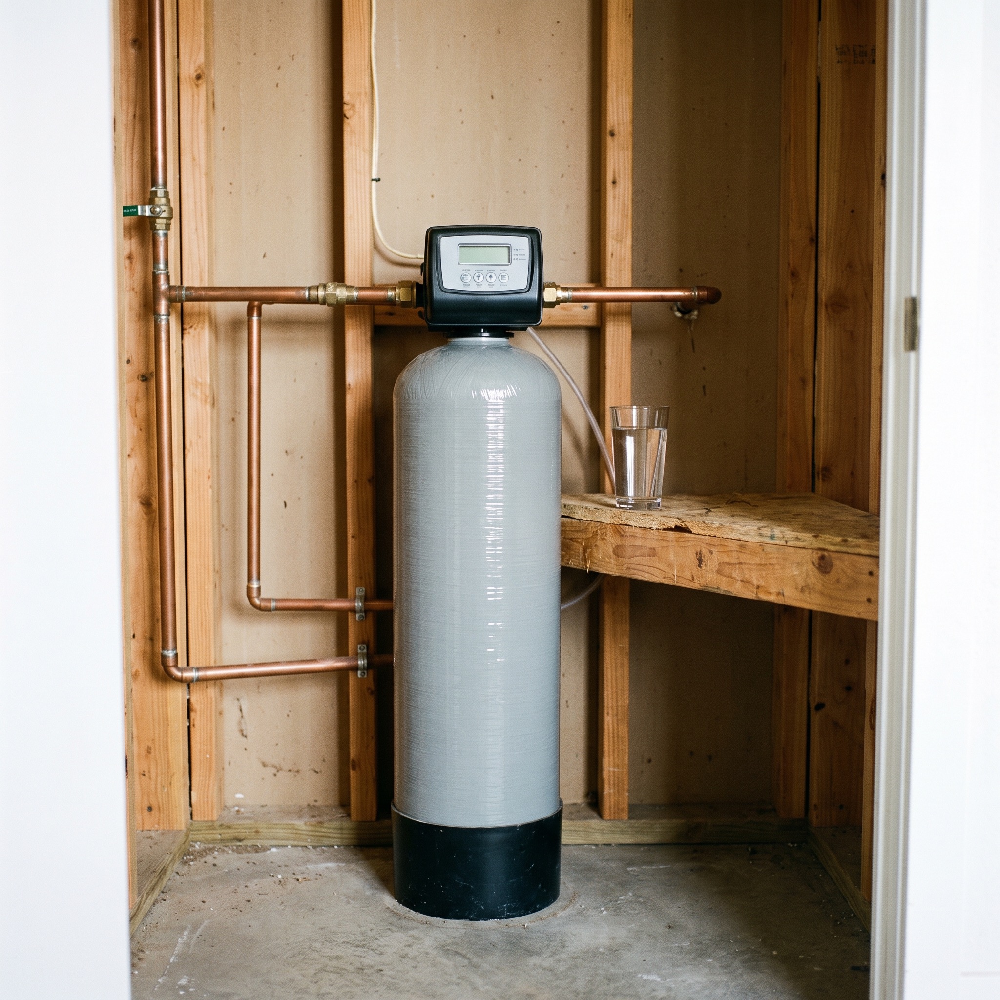 Salt-free water conditioner system installed on the main water line in a Colorado home utility closet