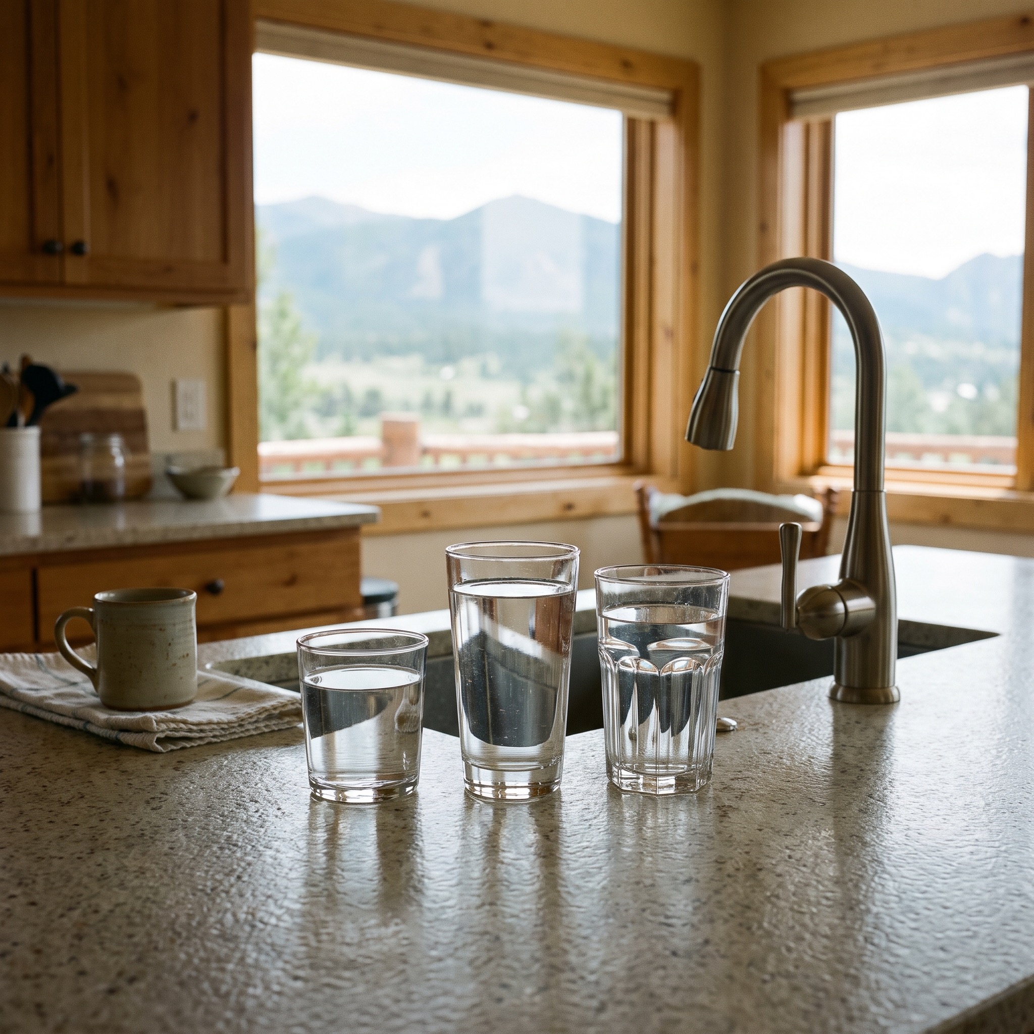 Reverse Osmosis Benefits in Colorado Glasses of crystal clear water filled from a reverse osmosis system in a Colorado kitchen