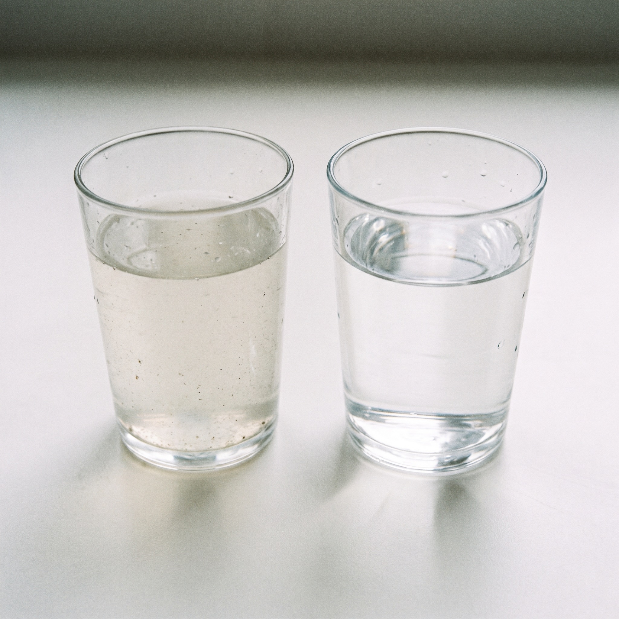 Reverse Osmosis Permeate vs Concentrate in Colorado Two glasses of water side by side — cloudy untreated water vs crystal clear RO-treated water
