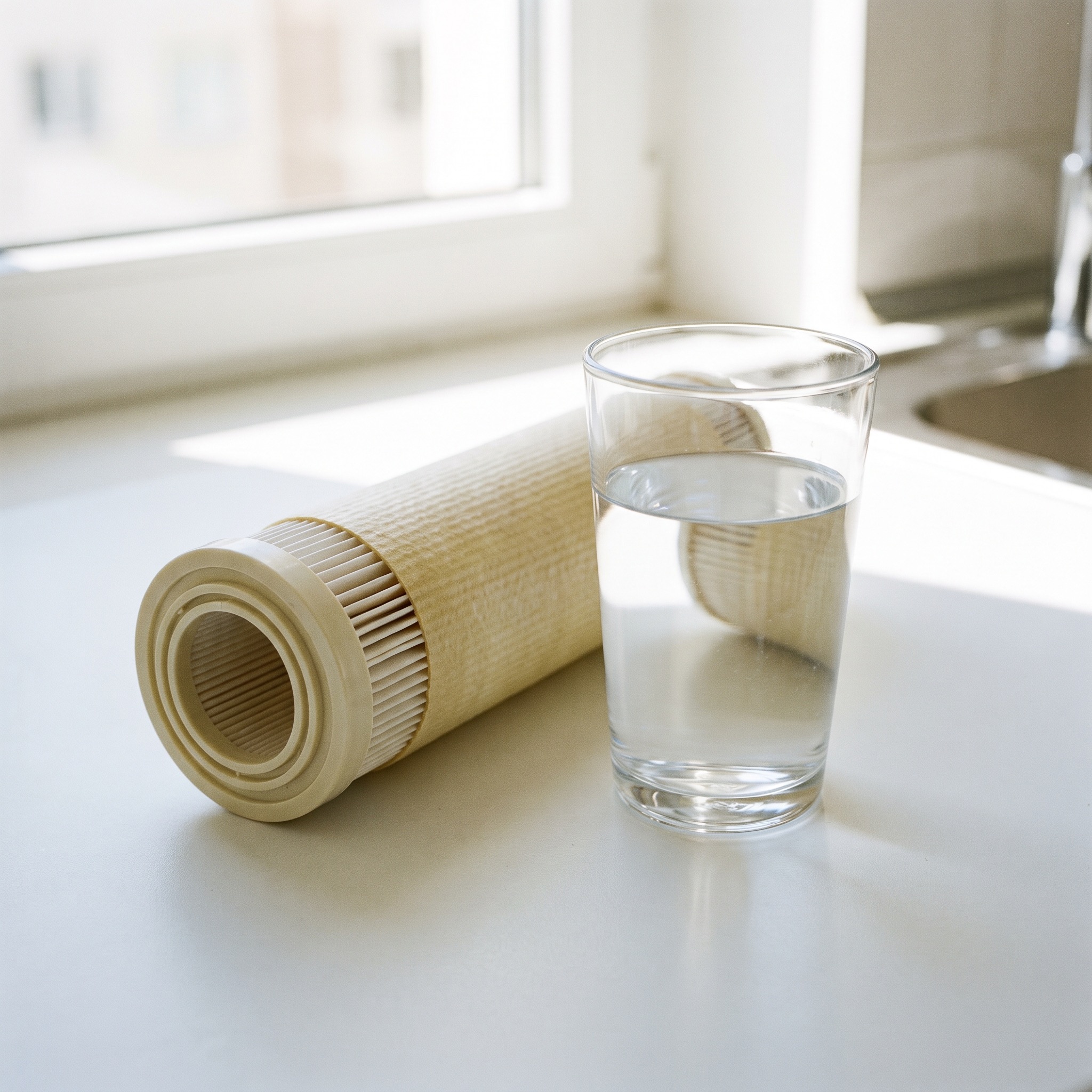 Reverse Osmosis Filtration in Colorado RO membrane filter cartridge next to a glass of crystal clear water