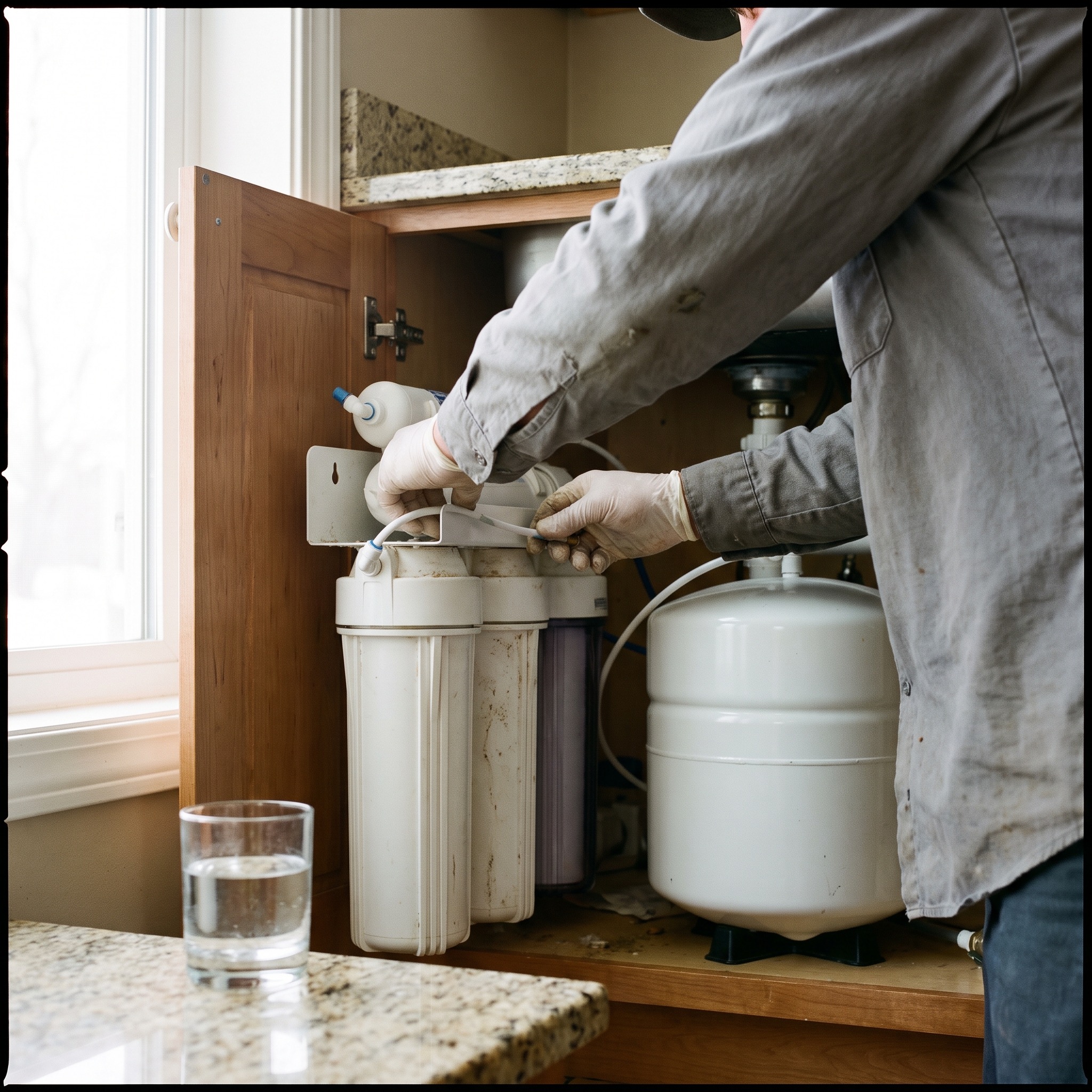 Reverse Osmosis Installation in Colorado Technician installing a reverse osmosis system under a kitchen sink in a Colorado home