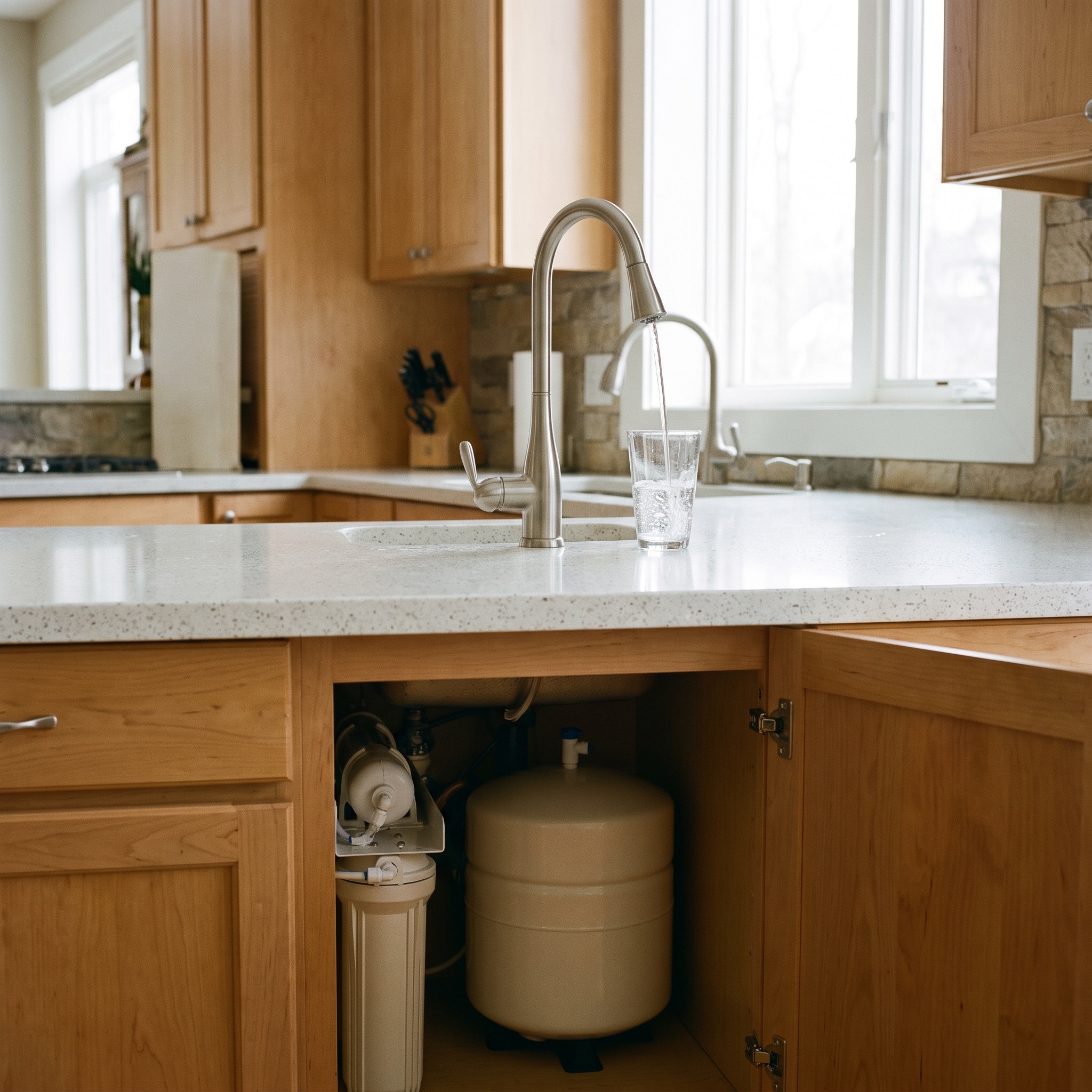 Reverse Osmosis Systems in Colorado Reverse osmosis system dispensing clear water into a glass at a Colorado kitchen sink