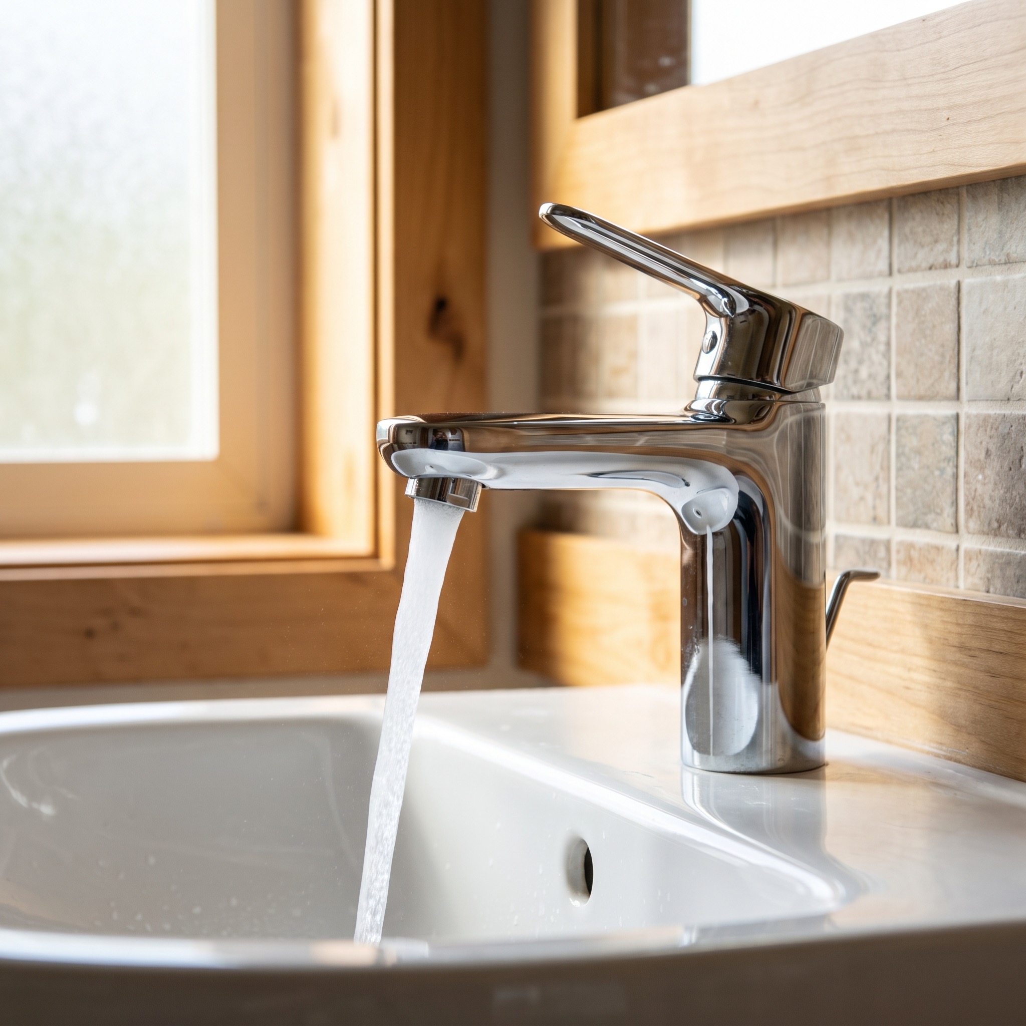 Clean chrome bathroom faucet with no scale or white crust buildup, clear water running