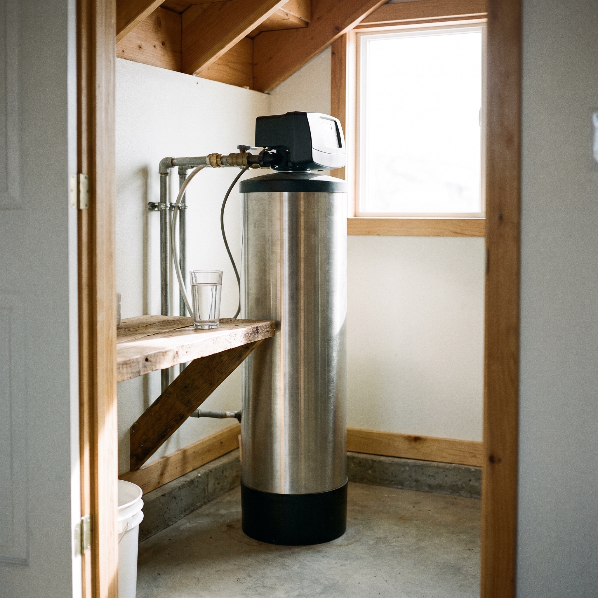 Salt-free water conditioner system with a glass of clear water, conveying simplicity and low cost