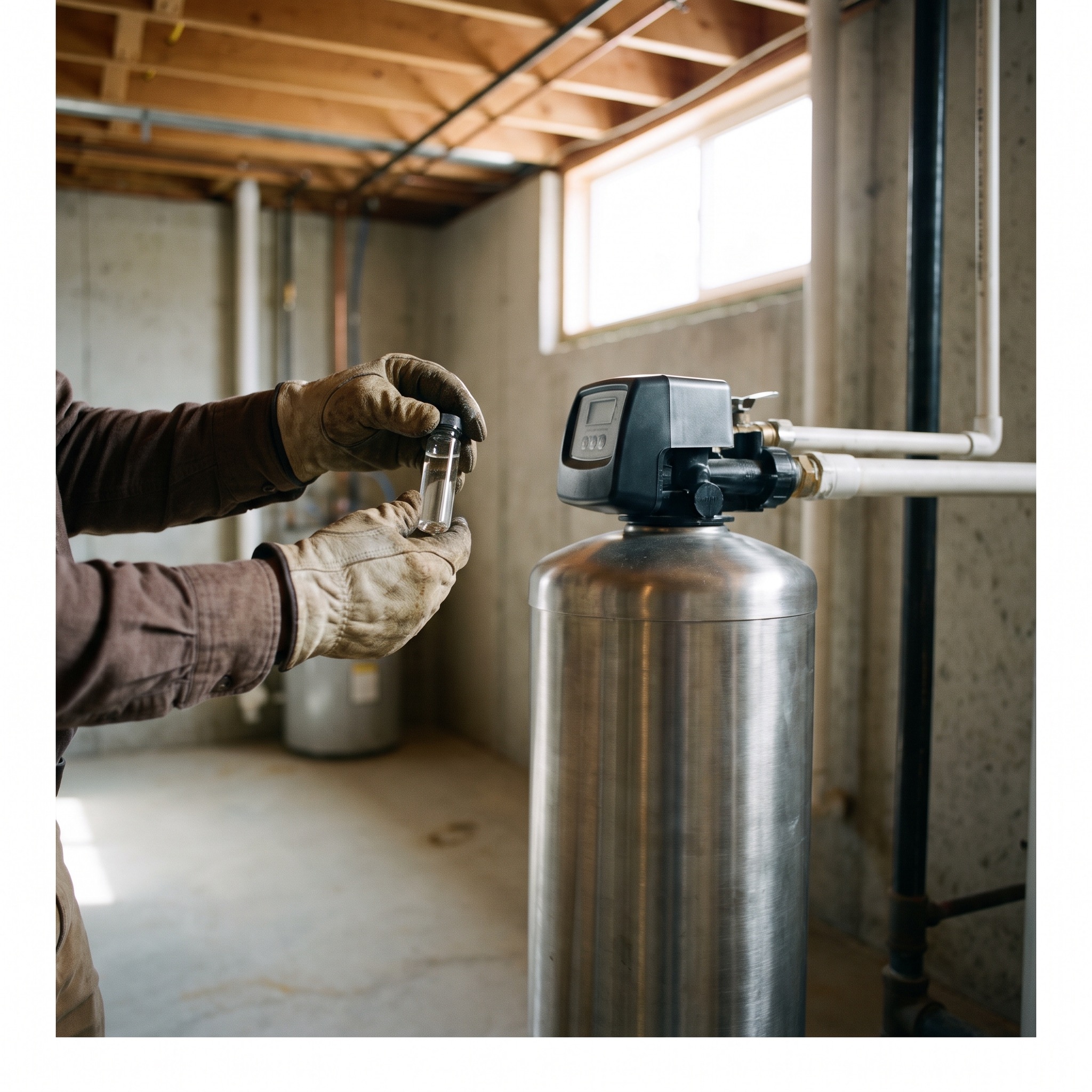 Water treatment technician checking a salt-free water conditioner system in a Colorado home basement