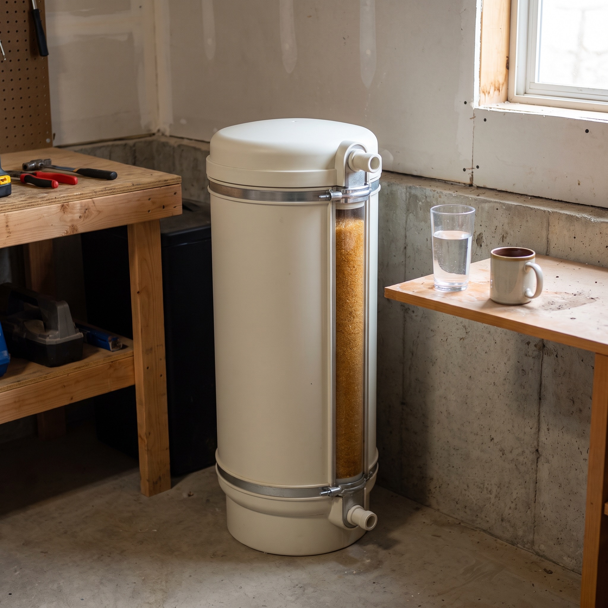 Salt-free water conditioner treatment tank showing granular TAC treatment media