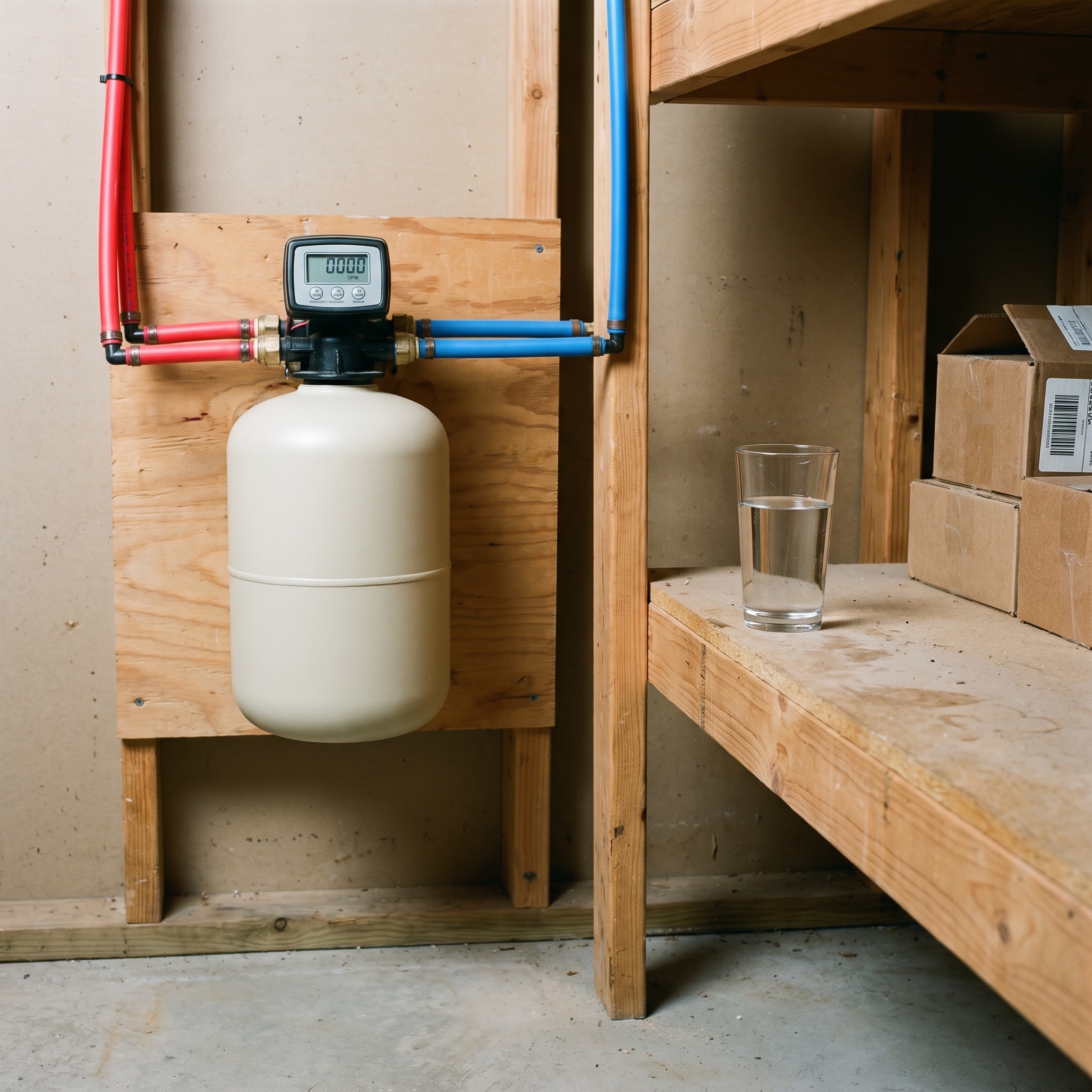Salt-Free Water Conditioners in Colorado Salt-free water conditioner system installed in a Colorado home with a glass of clear water
