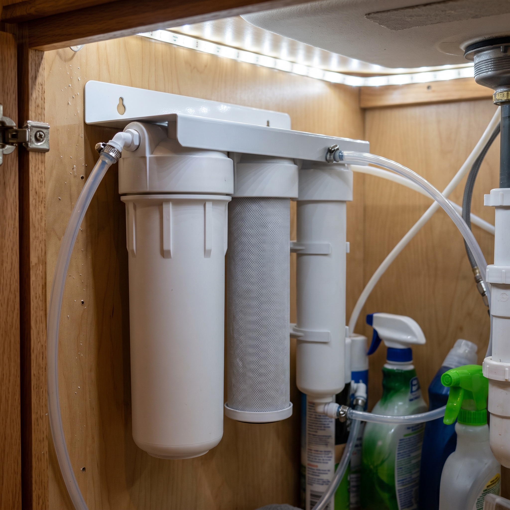 Under-sink water filter cartridges showing multiple stages in a Colorado kitchen cabinet