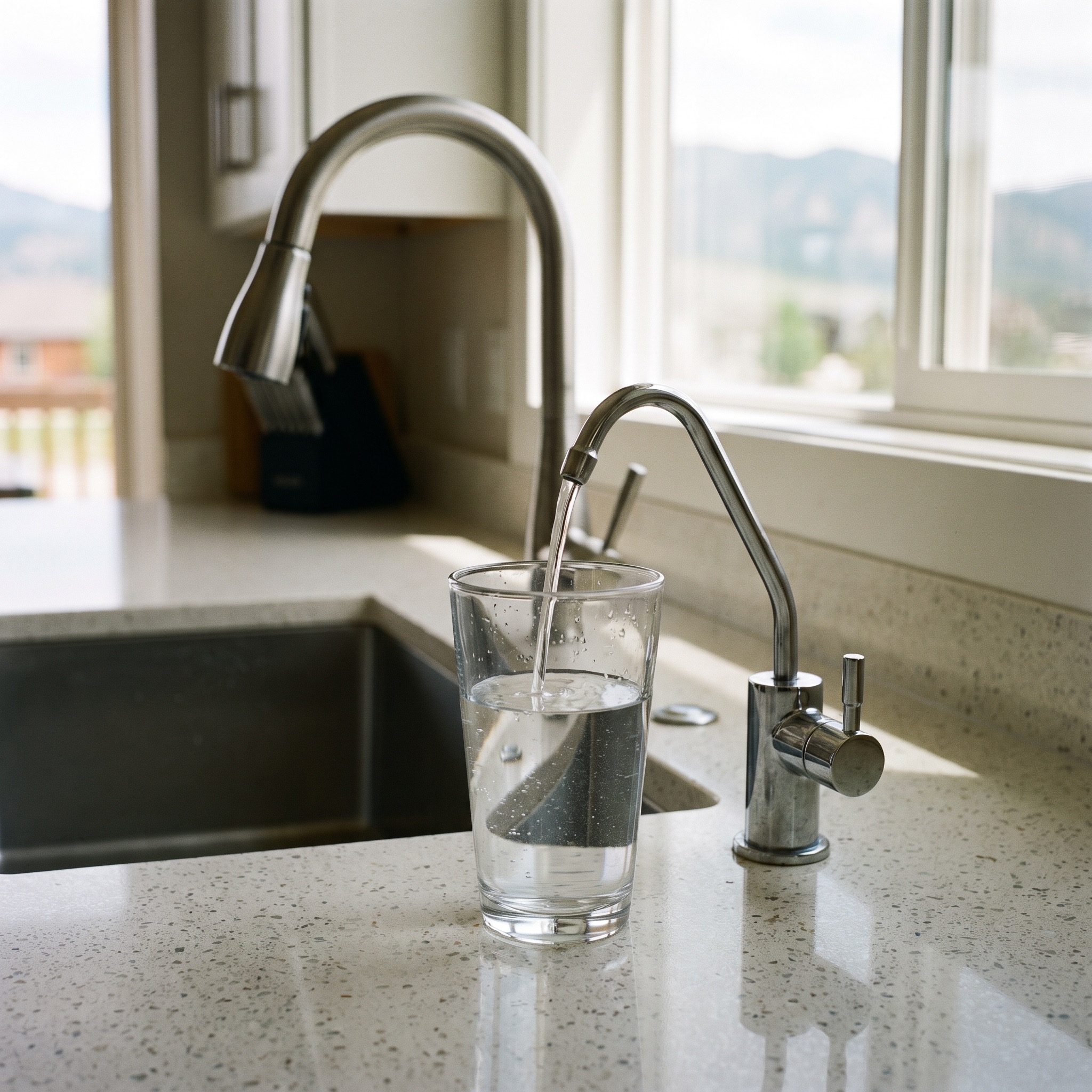 Crystal clear water pouring from a dedicated under-sink filter faucet into a glass in a Colorado kitchen