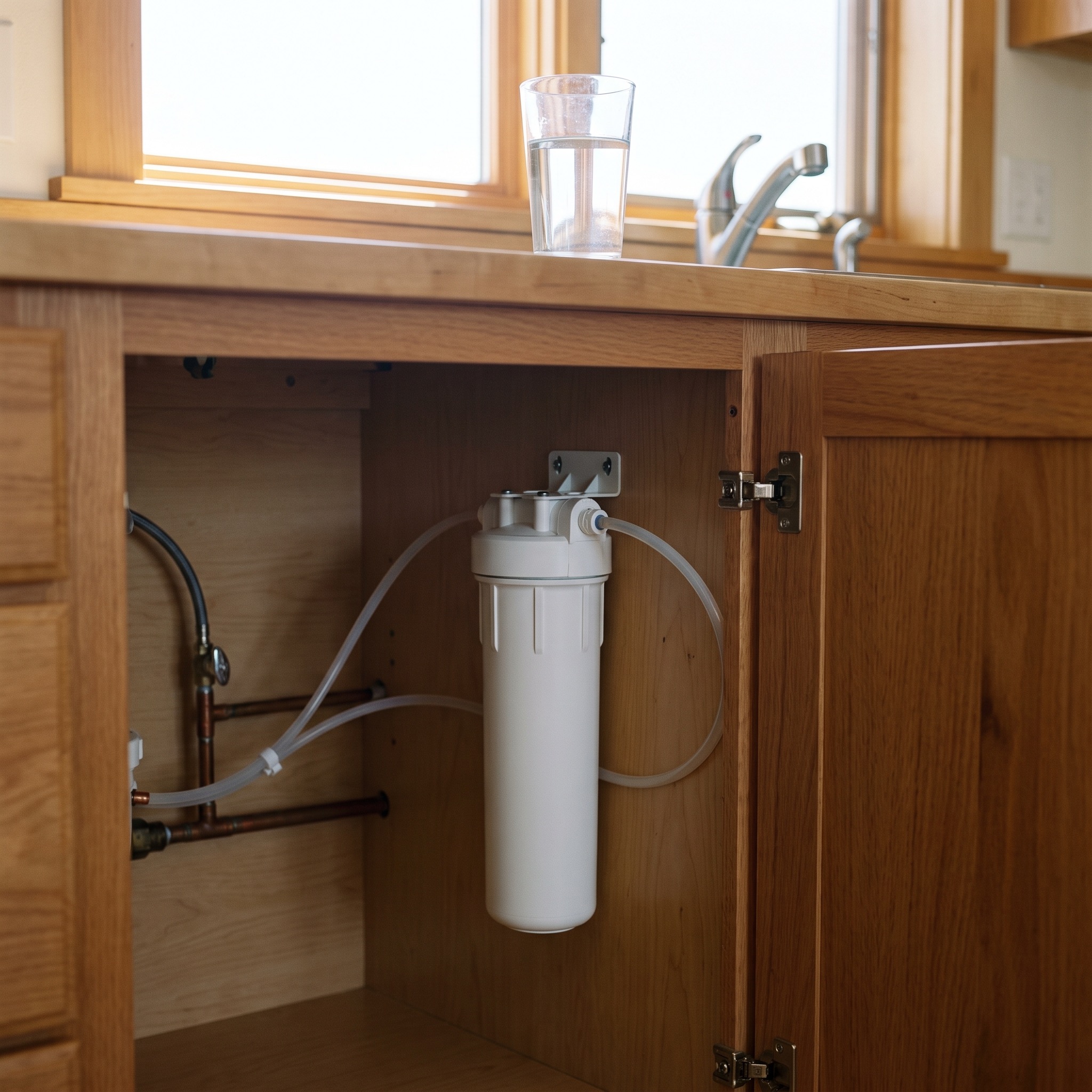 Simple clean under-sink water filter installation in a Colorado kitchen cabinet conveying affordability