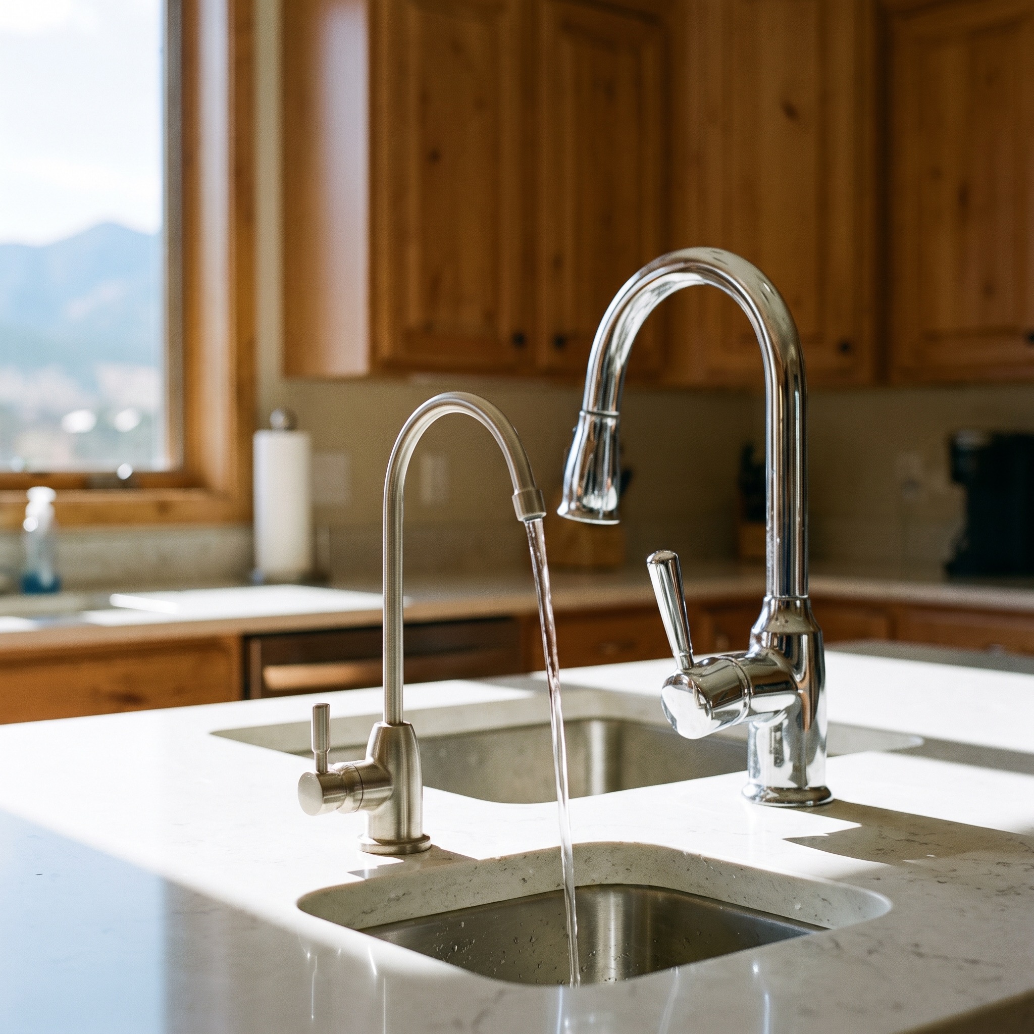 Clear water pouring from a dedicated filtered water faucet next to a main kitchen faucet