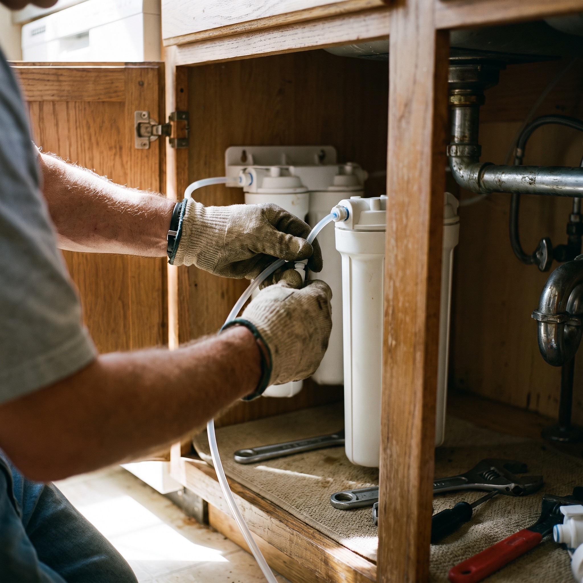 Technician installing an under-sink water filter system in a Colorado kitchen cabinet